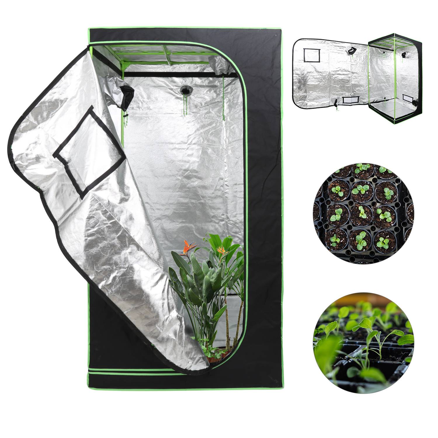 Growbox Indoor Pflanzzelt mit Reißverschluss, Kabelöffnungen und reflektierender Innenfolie 100x100x200cm