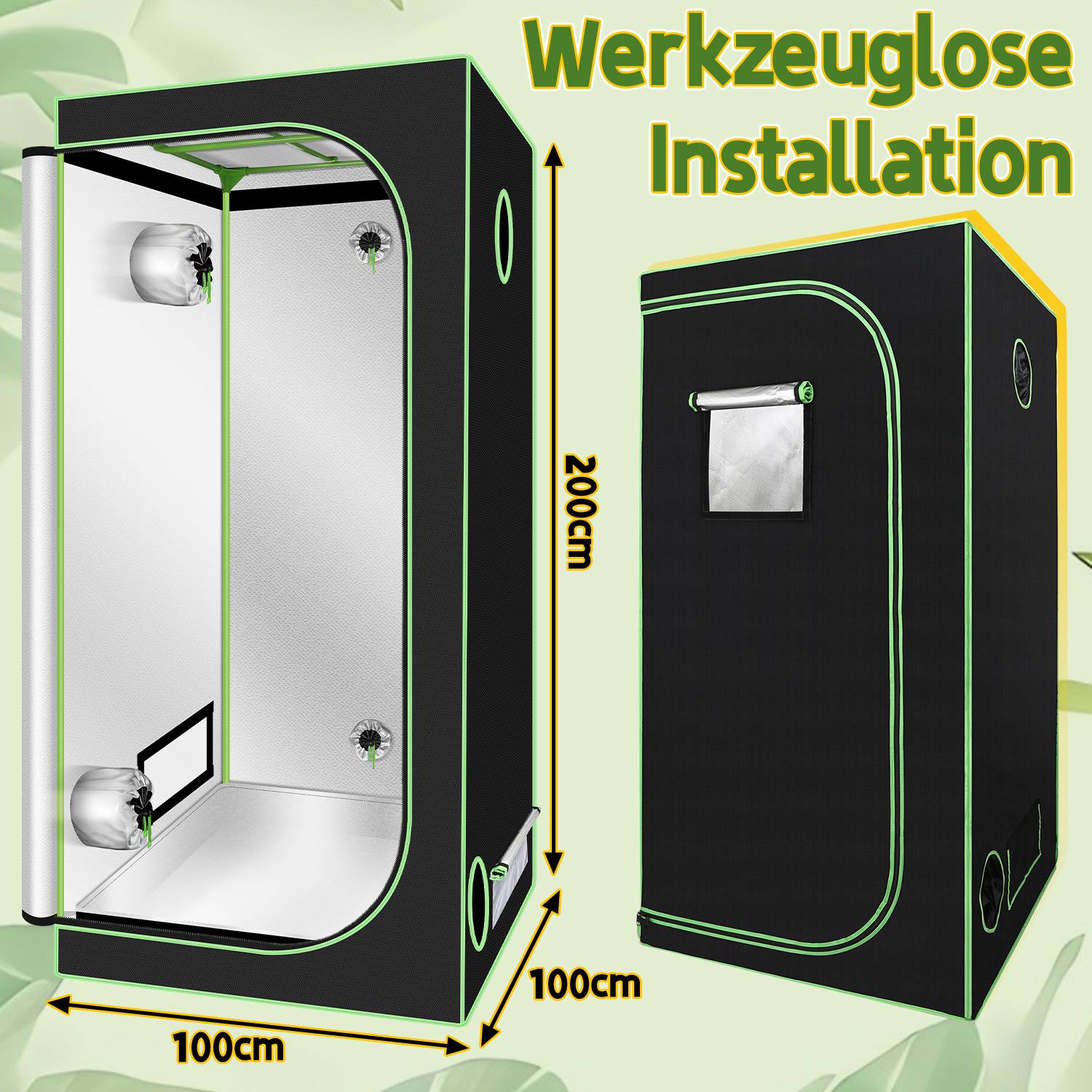 Growbox Indoor Pflanzzelt mit Reißverschluss, Kabelöffnungen und reflektierender Innenfolie 100x100x200cm
