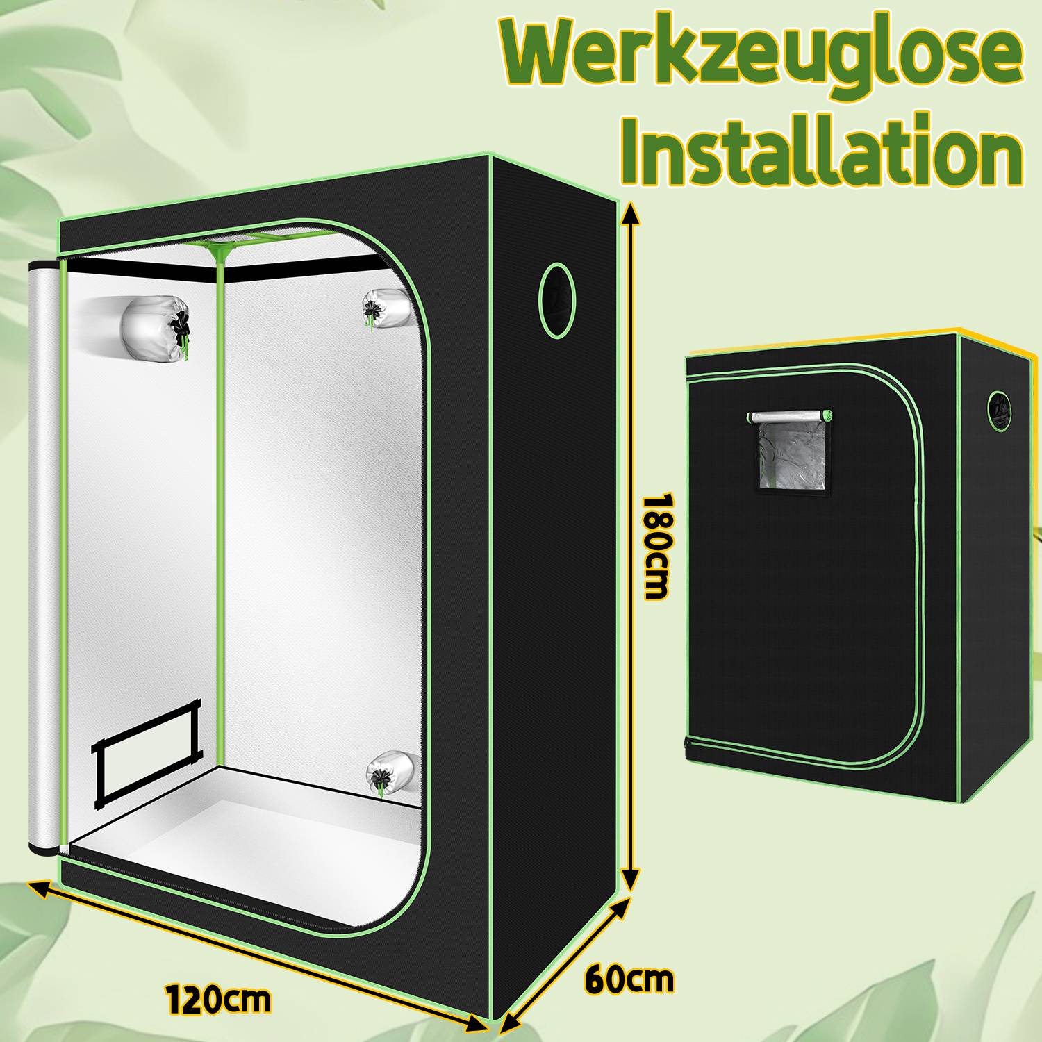 Growbox Indoor Pflanzzelt mit Reißverschluss, Kabelöffnungen und reflektierender Innenfolie 120x60x180cm