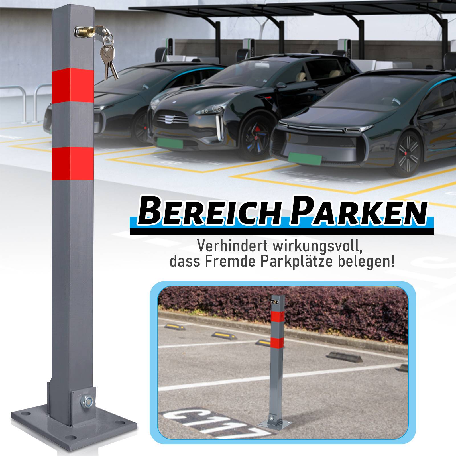 Parkplatzpfosten abschließbar 67 cm, Absperrpfosten Metall mit Schlüssel, grau 1 Stück