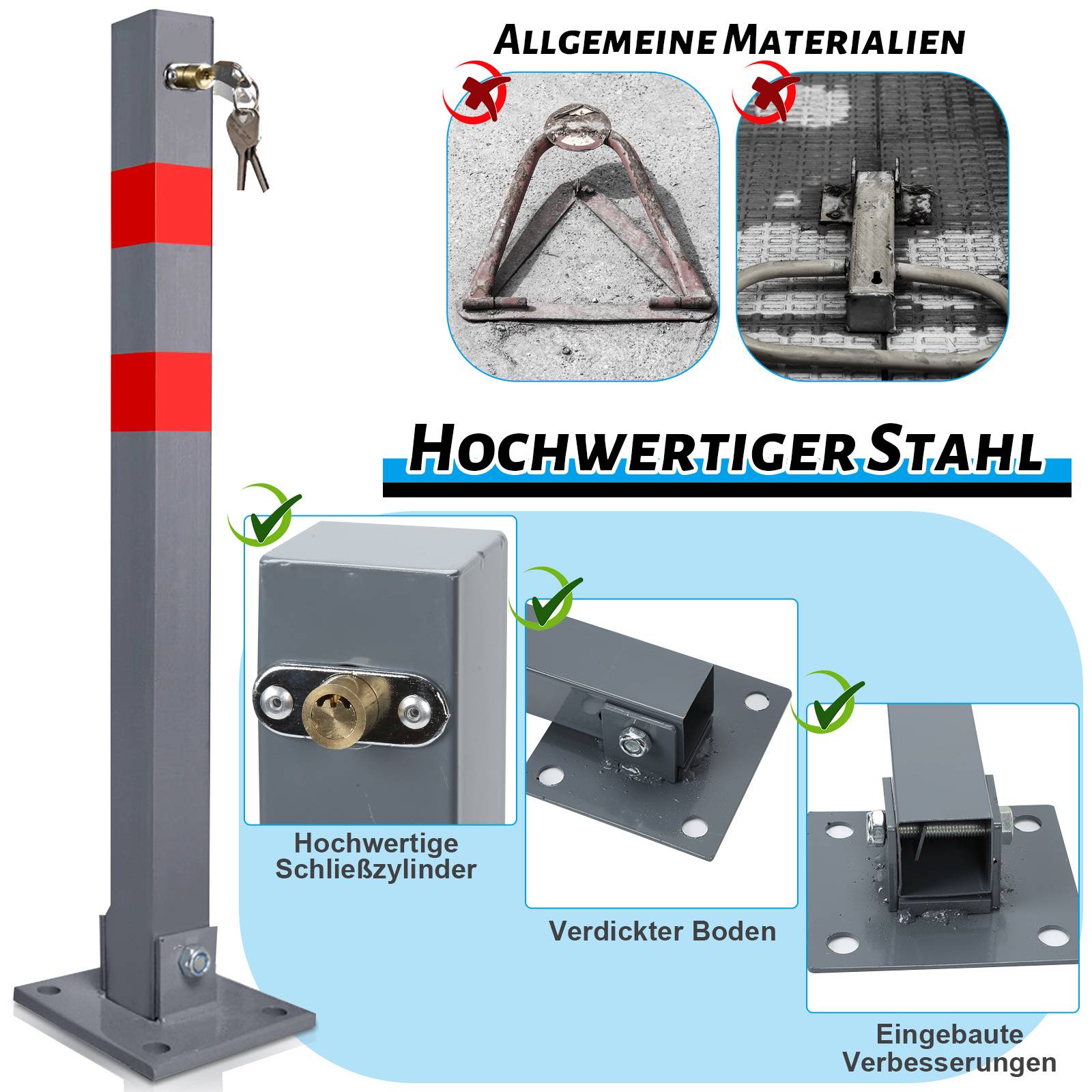 Parkplatzpfosten Metall 67 cm, Sperrpfosten abschließbar mit Schlüssel und Schrauben 3 Stück