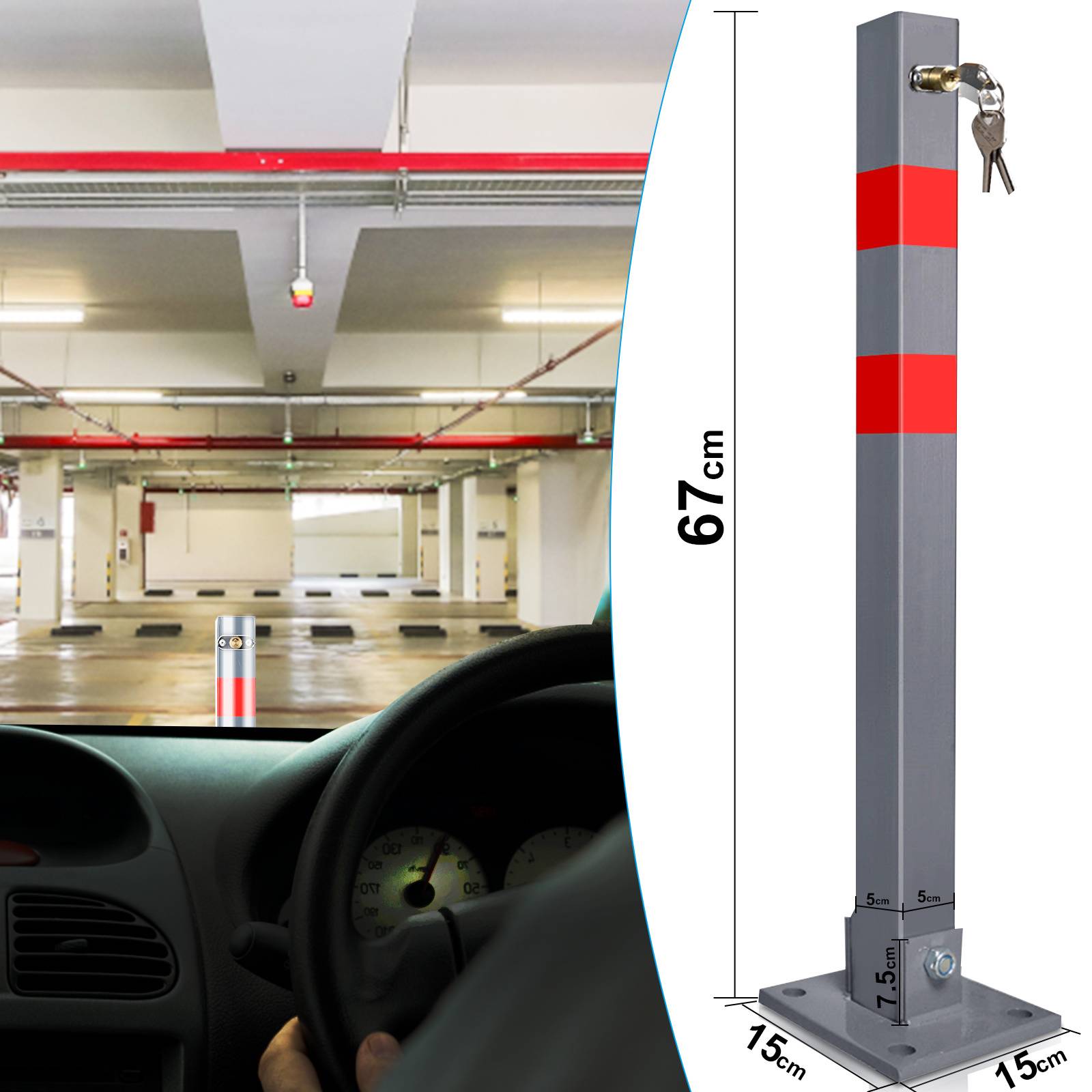 Parkplatzpfosten abschließbar 67 cm, Absperrpfosten Metall mit Schlüssel, grau 1 Stück