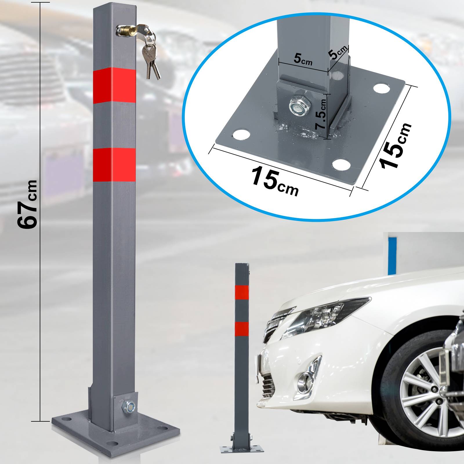 Absperrpfosten Parkplatz 67 cm, abschließbarer Parkplatzpfosten mit Reflexstreifen 2 Stück
