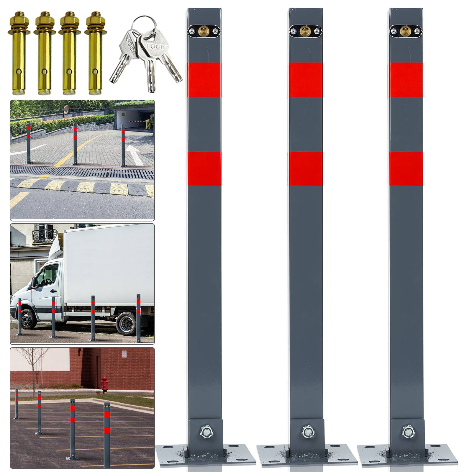 Parkplatzpfosten Metall 67 cm, Sperrpfosten abschließbar mit Schlüssel und Schrauben 3 Stück