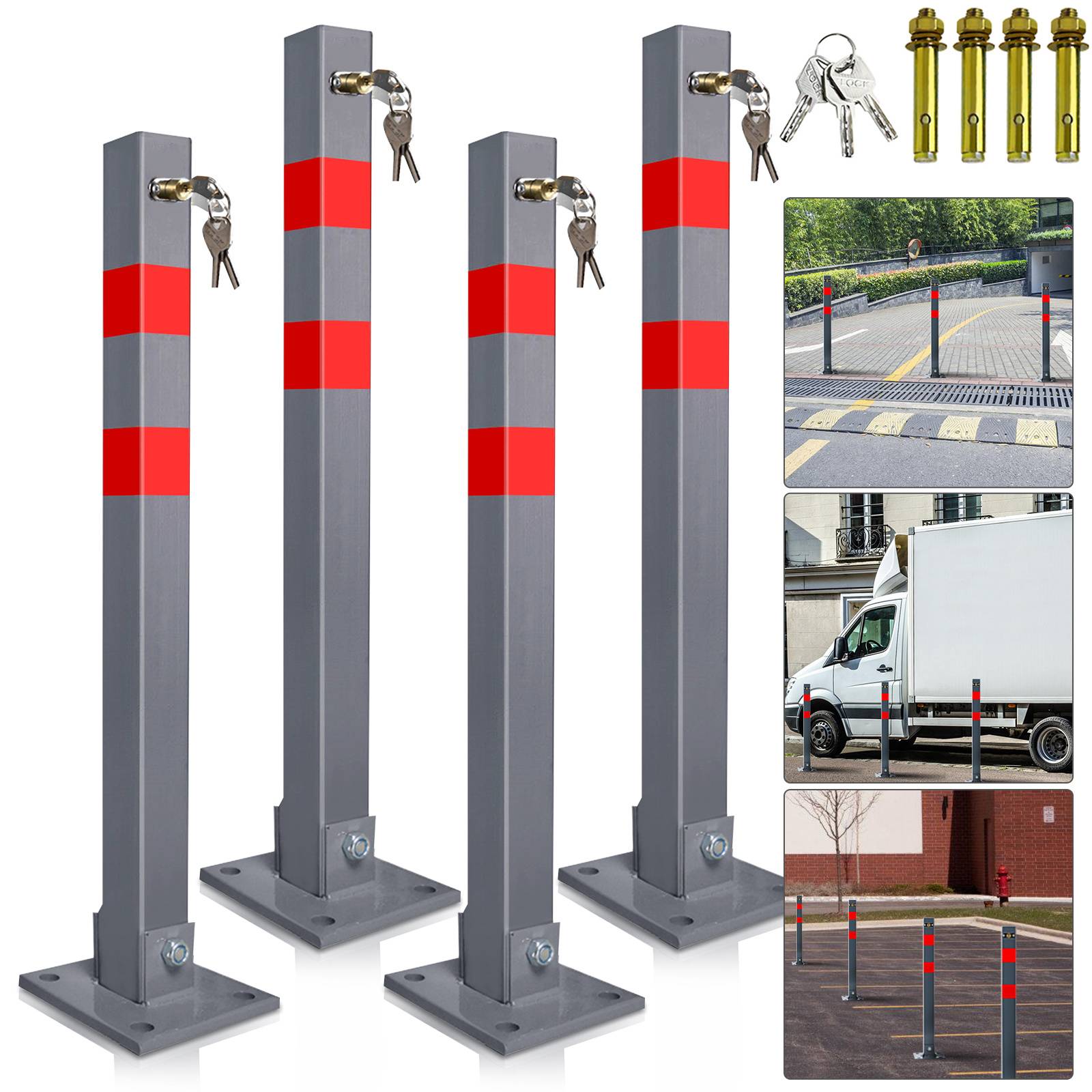 Parkplatzpfosten 67 cm, Absperrpfosten mit Schlüssel für Stellplatz Garage, 4 Stück