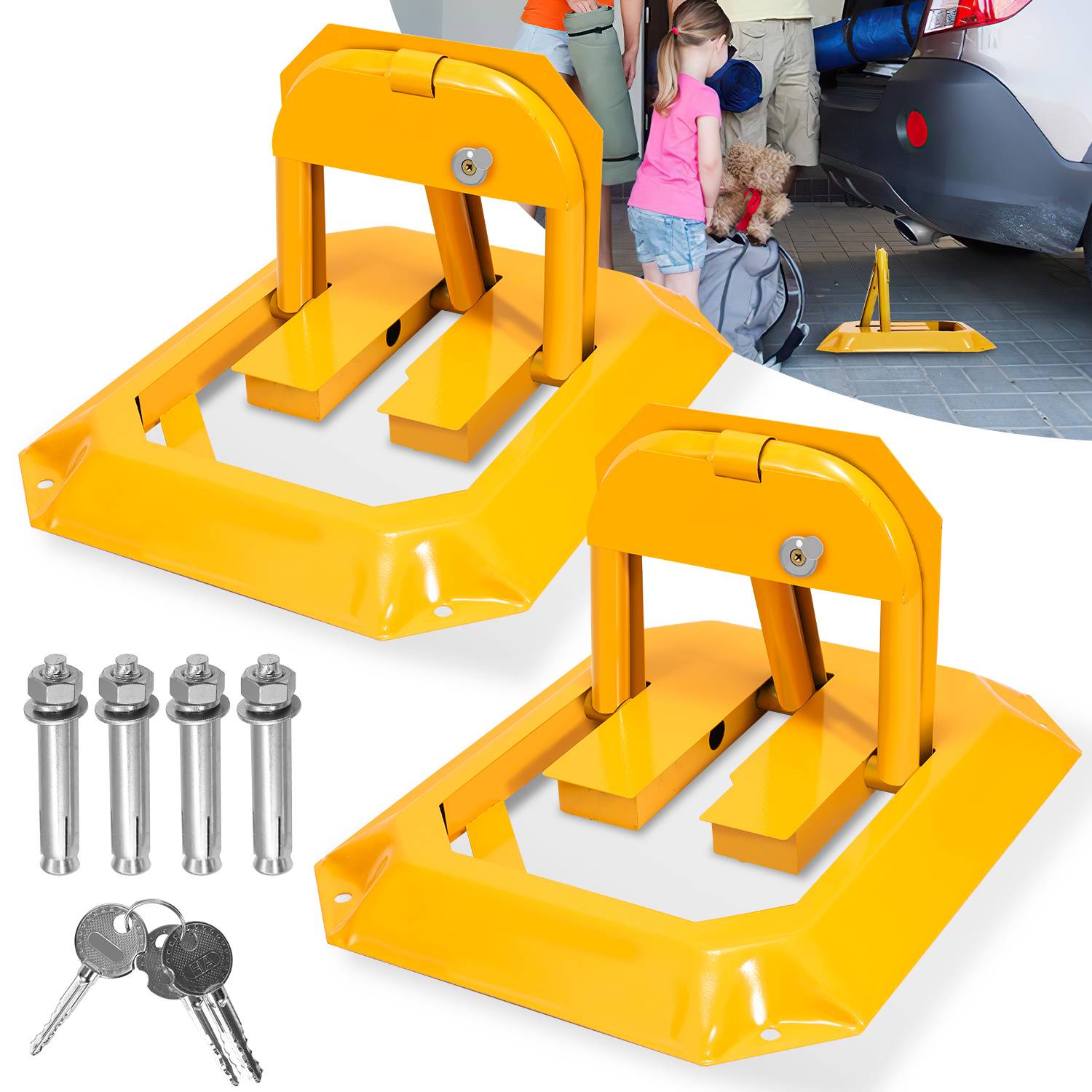 Klappbare Parkplatzsperre 55,5 x 46 x 32 cm, Parkbügel mit Schloss, gelb 2 Stück