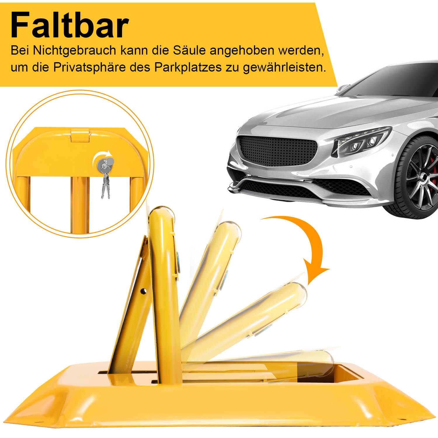 Klappbare Parkplatzsperre 55,5 x 46 x 32 cm, Parkbügel mit Schloss, gelb 2 Stück