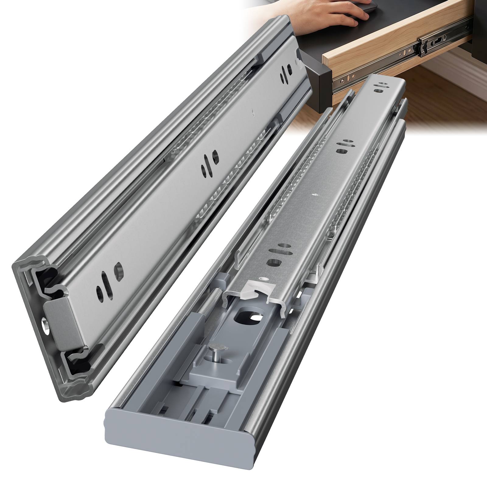 10 Paar Schubladenschienen 450 mm Vollauszug, 3-teilig, Softclose mit Selbsteinzug, 45 kg Tragkraft, Schubladenauszug aus Stahl