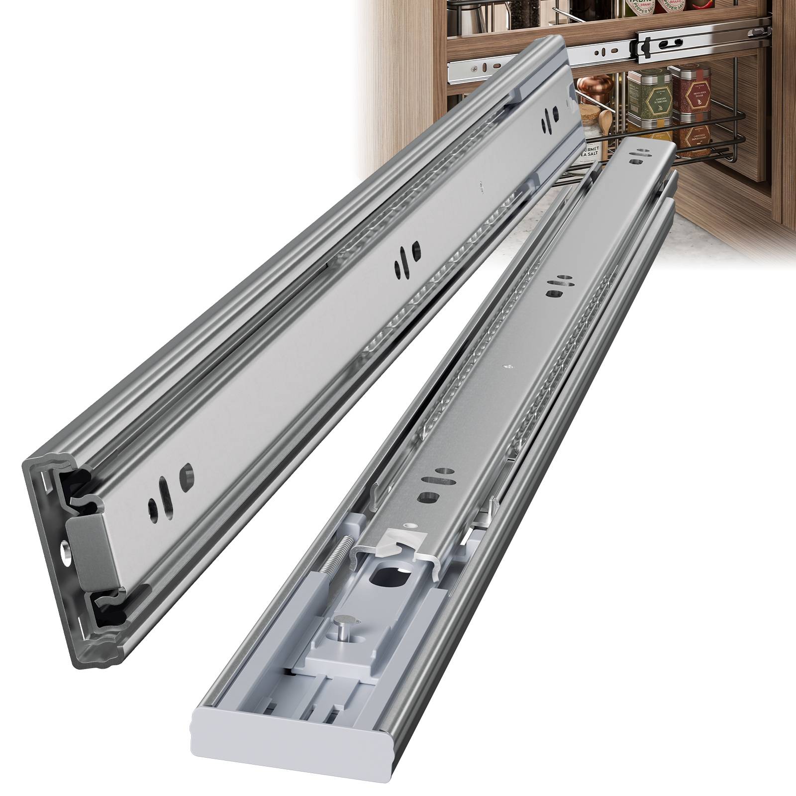 10 Paar Schubladenschienen 550 mm Vollauszug, 3-teilig, Softclose mit Selbsteinzug, 45 kg Tragkraft, Schubladenauszug aus Stahl