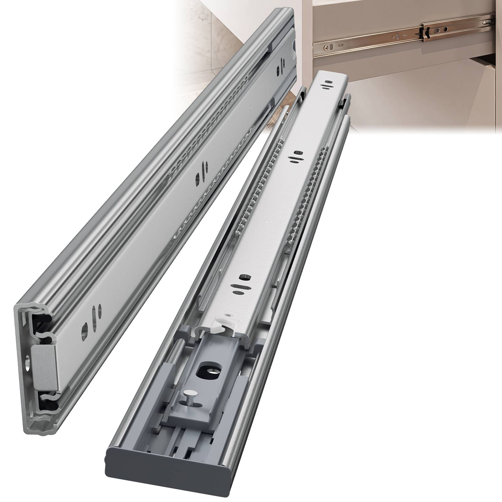 10 Paar Schubladenschienen 600 mm Vollauszug, 3-teilig, Softclose mit Selbsteinzug, 45 kg Tragkraft, Schubladenauszug aus Stahl