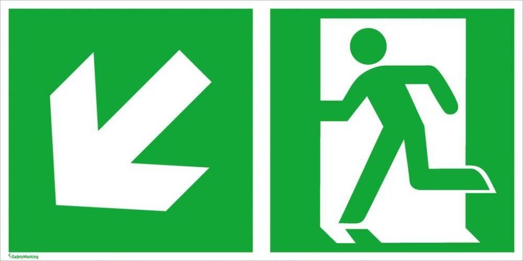 Rettungsschild, Notausgang links runter mit RichtungspfeilASR A1.3 E001 ZusatzzeichenDIN EN ISO 7010 E001 ZusatzzeichenLangnachleuchtend, DIN 67510-