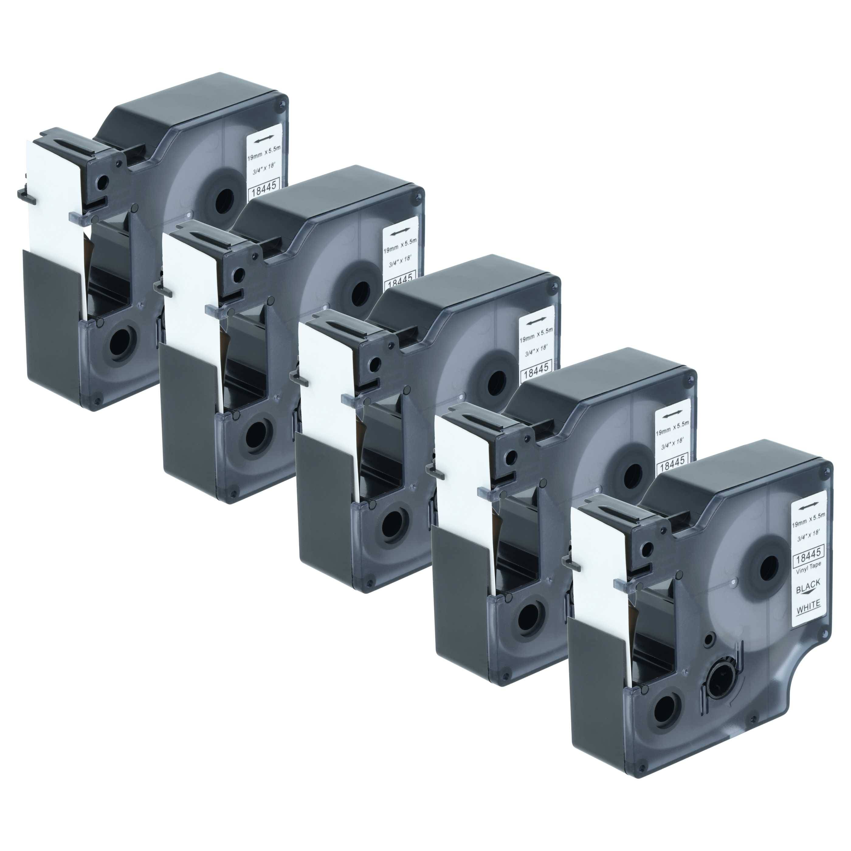 vhbw 5x Schriftband-Kassette Ersatz für Dymo 18445 | für Etiketten-Drucker 5,5m x 19mm Schwarz auf Weiß, Vinyl