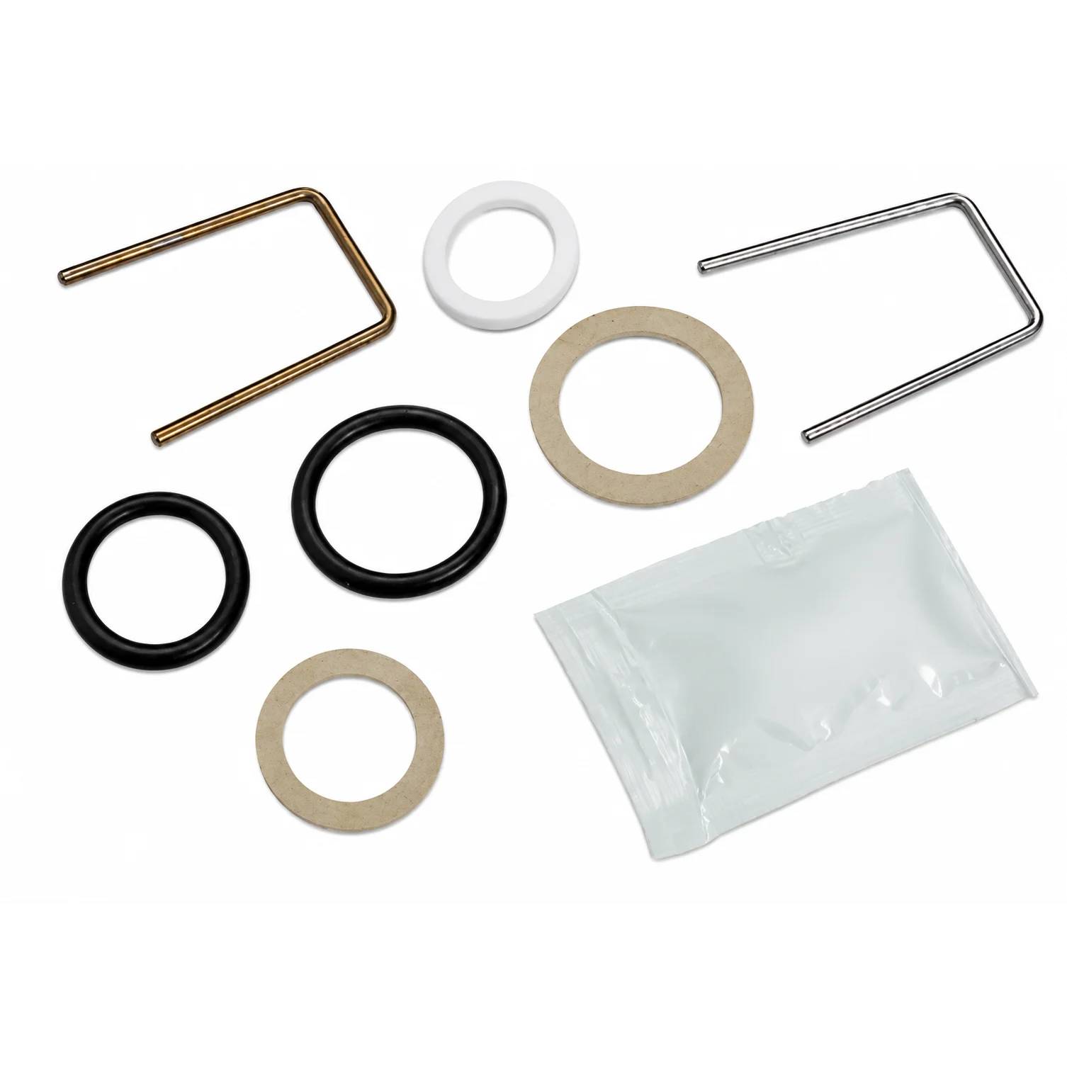 Sortiertes kleines Hardwarepaket mit Metallclips, schwarzen und weißen O-Ringen, beigen Unterlegscheiben und einem klaren Kunststoffbeutel auf weißem Hintergrund.