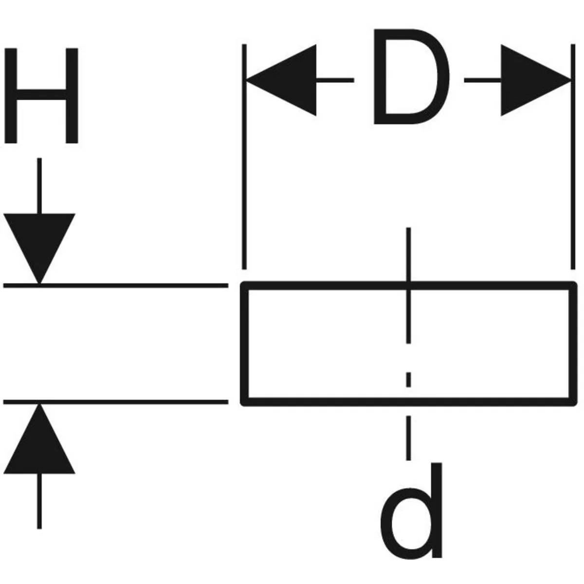 Technisches Schaubild eines rechteckigen Bauteils mit Abmessungsbezeichnungen H, D und d, die durch Pfeile die Messungen von Höhe, Breite und Tiefe/Durchmesser kennzeichnen.