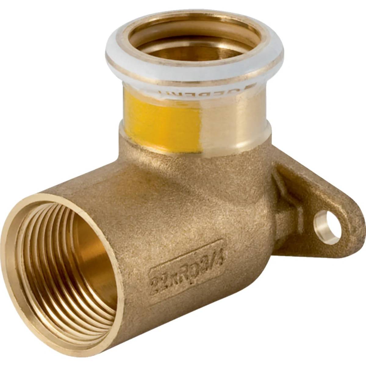 Messing-Sanitäradapter mit Gewindeöffnung und Steckverbinder oben zum Aufstecken, plus Befestigungsöhr zum Fixieren an einer Oberfläche.