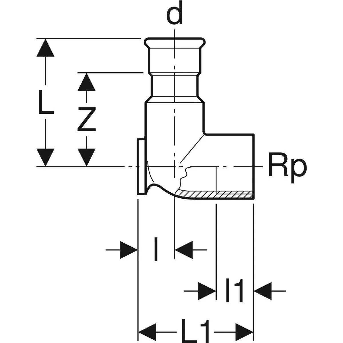 Technisches Diagramm einer Bogenverschraubung mit beschrifteten Abmessungen d, L, Z, l, l1, L1 und Rp.
