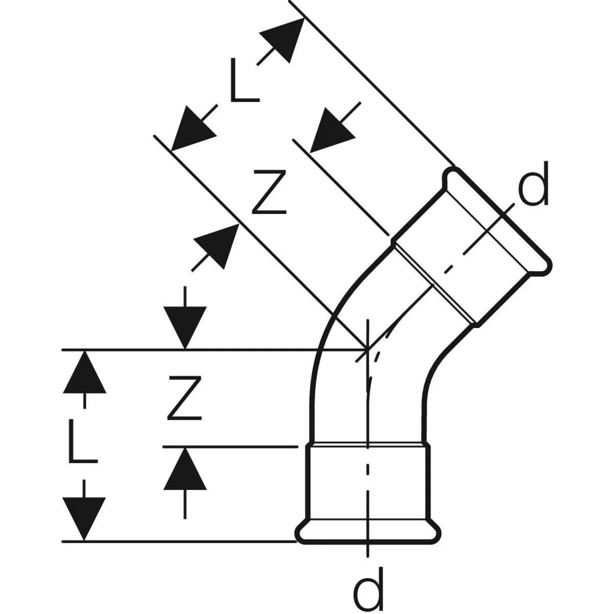 Technisches Diagramm einer abgewinkelten Rohrmuffe mit Flanschenden, das Dimensionsbezeichnungen L, Z und d für Gesamtlänge, Versätze und Durchmesser zeigt.