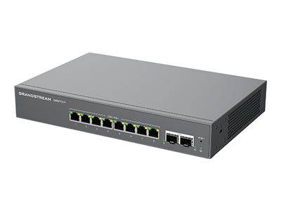 Grauer Grandstream-Netzwerk-Switch mit mehreren Ethernet-Anschlüssen und zwei Uplink-Anschlüssen, auf weißem Hintergrund dargestellt.