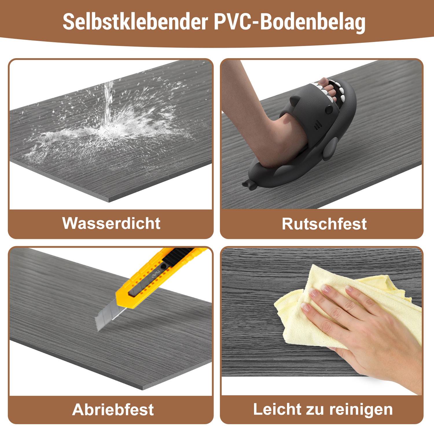 PVC Vinylboden Bodenbelag Selbstklebend 18 Stück 2.5 m², Wasserfest Rutschfest Vinyl Dielen für Küche, Wohnzimmer (Dunkelgrau)
