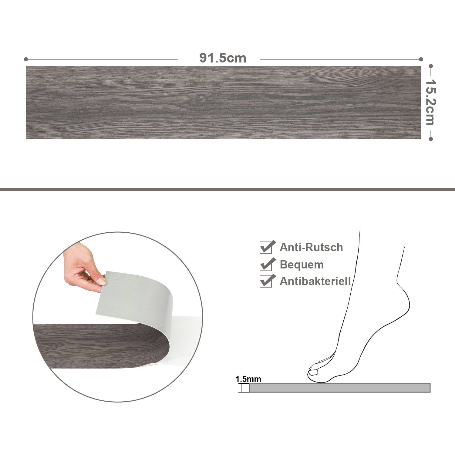1m² PVC Vinylboden Bodenbelag Vinyl Laminat Selbstklebend Dielen Planke Rutschfest Wasserfest 7 Stück Vinyl-Dielen Holzmaserung Dielen (Dunkelgrau)