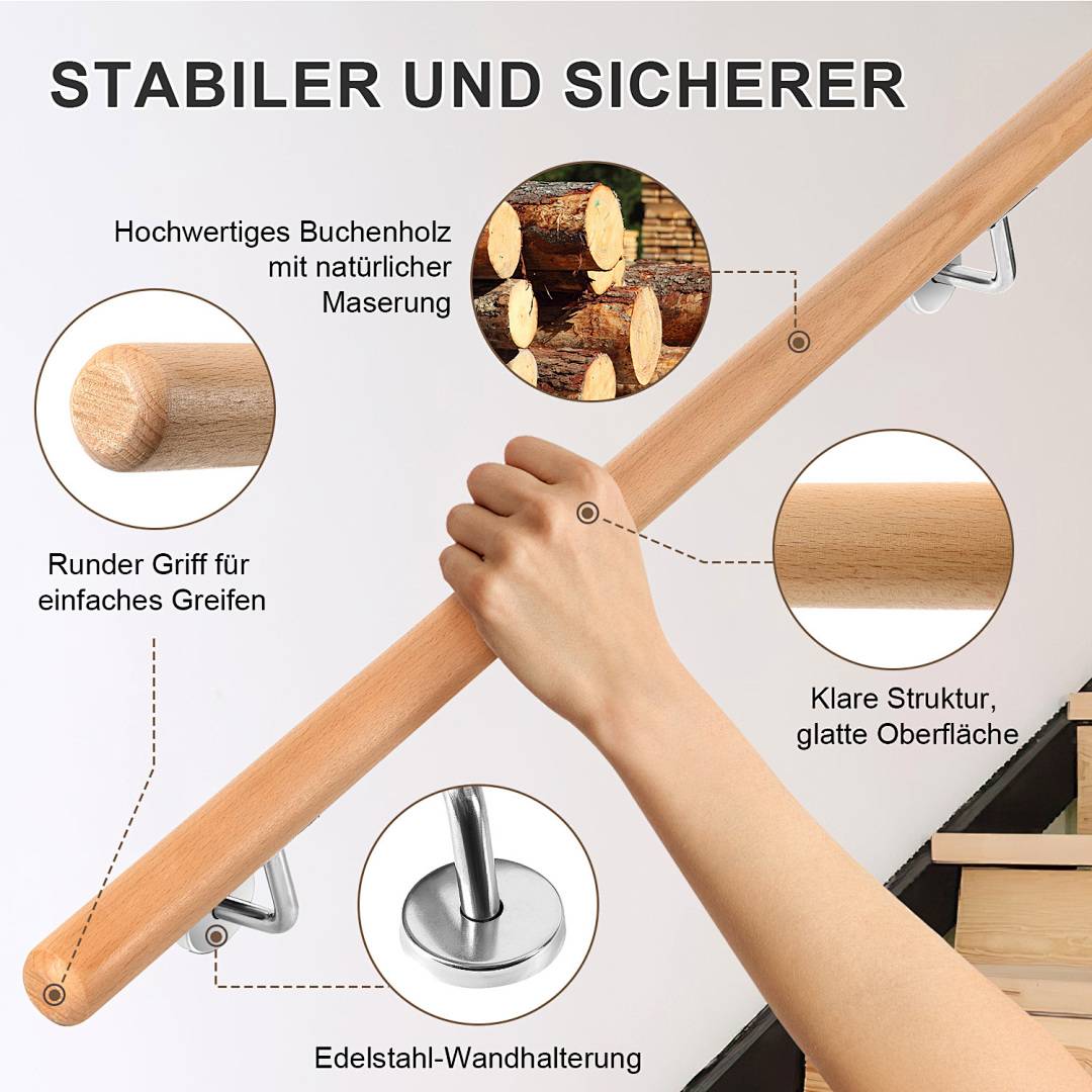 Handlauf mit Geländer als Komplett-Set aus Buchenholz mit Stuetzen und Wandhaltern fuer Treppen 200CM