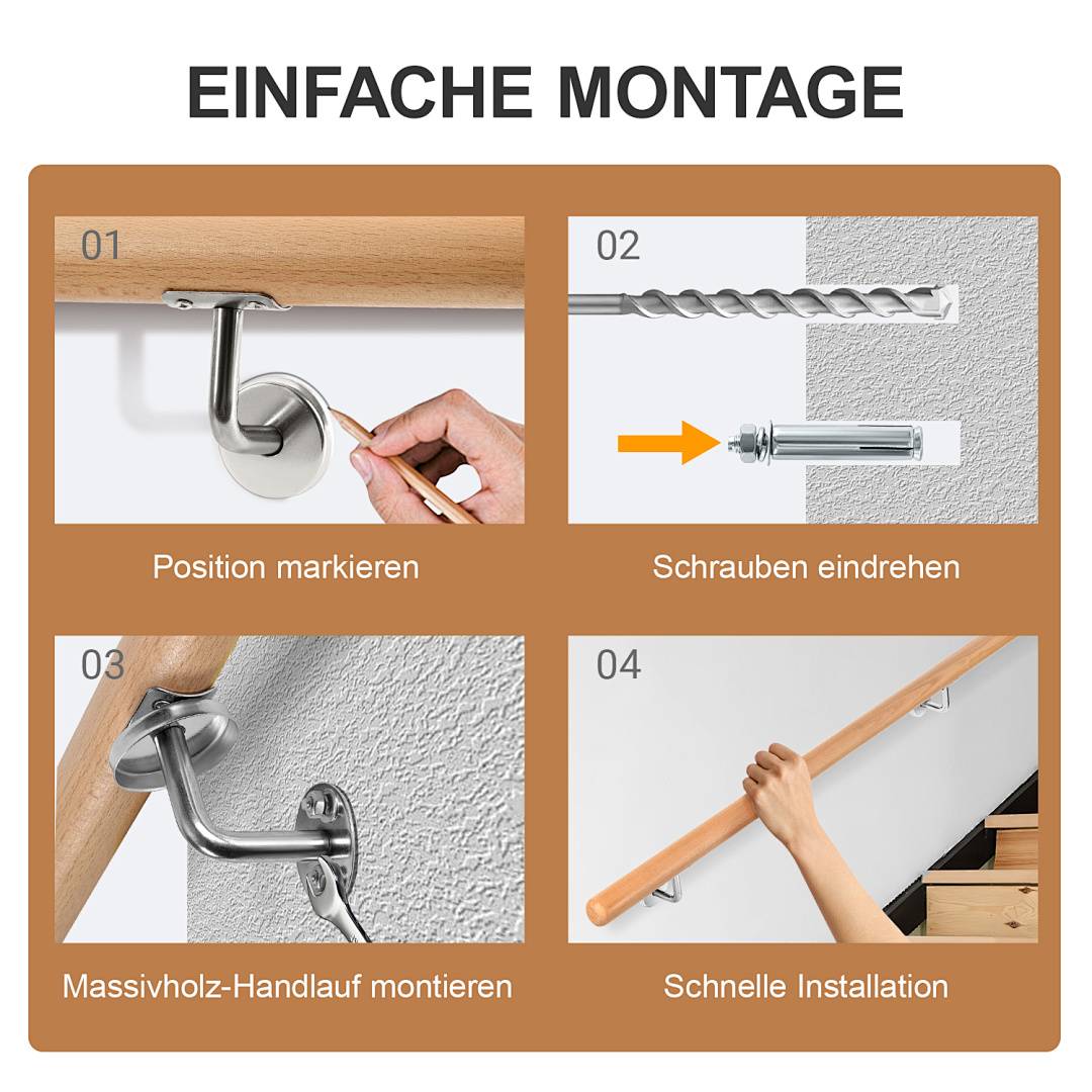 Handlauf mit Geländer als Komplett-Set aus Buchenholz mit Stuetzen und Wandhaltern fuer Treppen 200CM