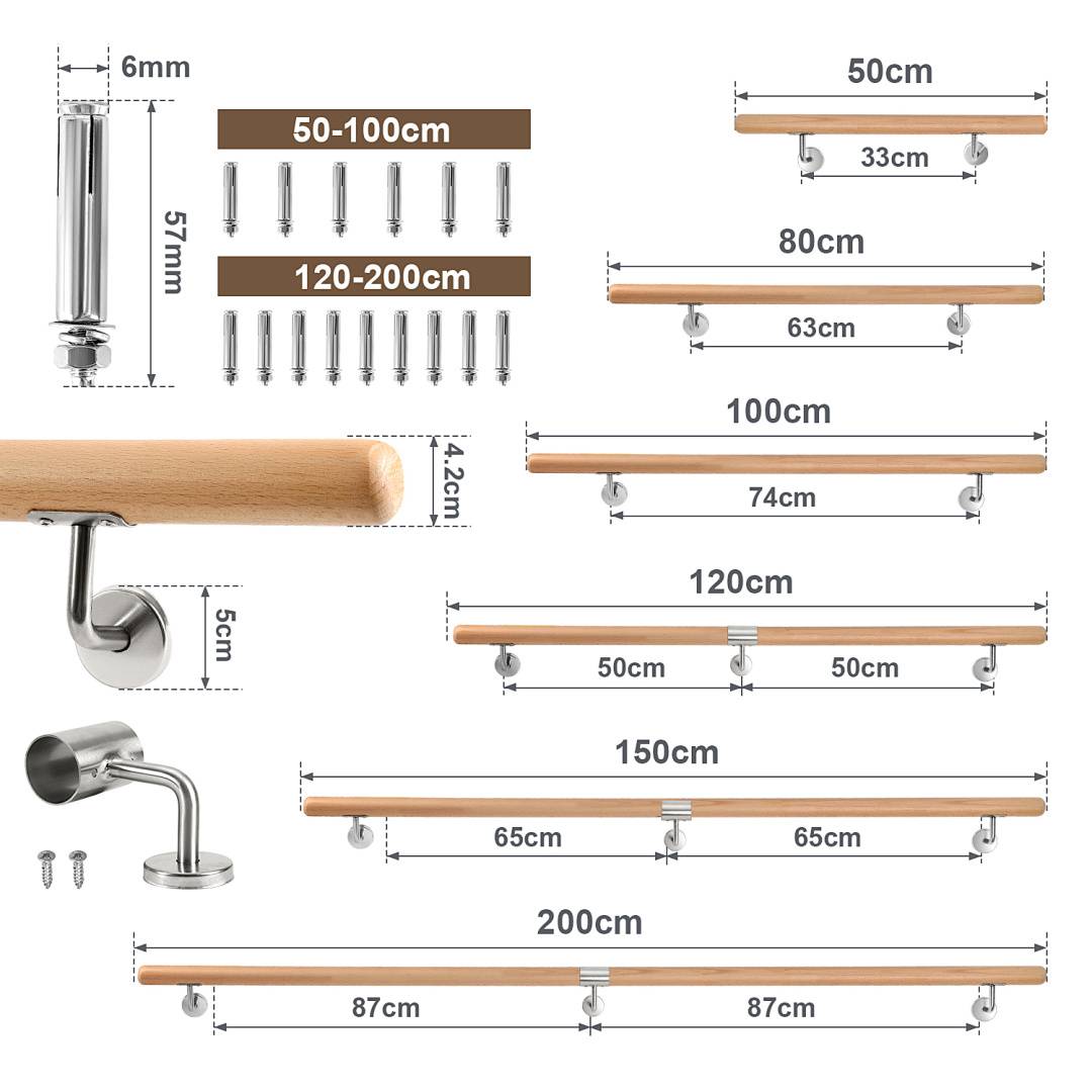 Handlauf mit Geländer als Komplett-Set aus Buchenholz mit Stuetzen und Wandhaltern fuer Treppen 200CM