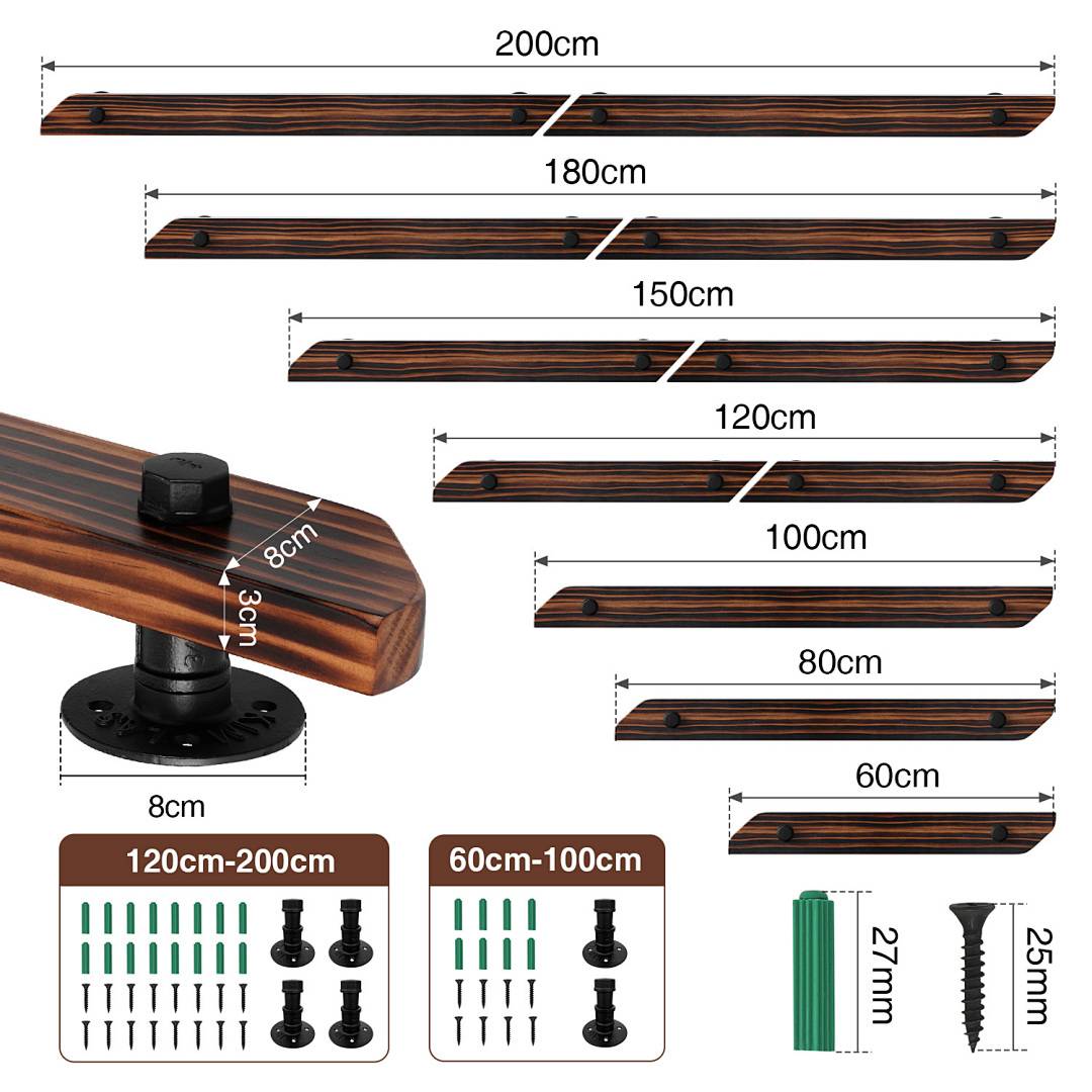 Handlauf aus Holz mit Geländer flach braun lackiert inklusive Halterungen und Endkappen fuer Treppen 180CM