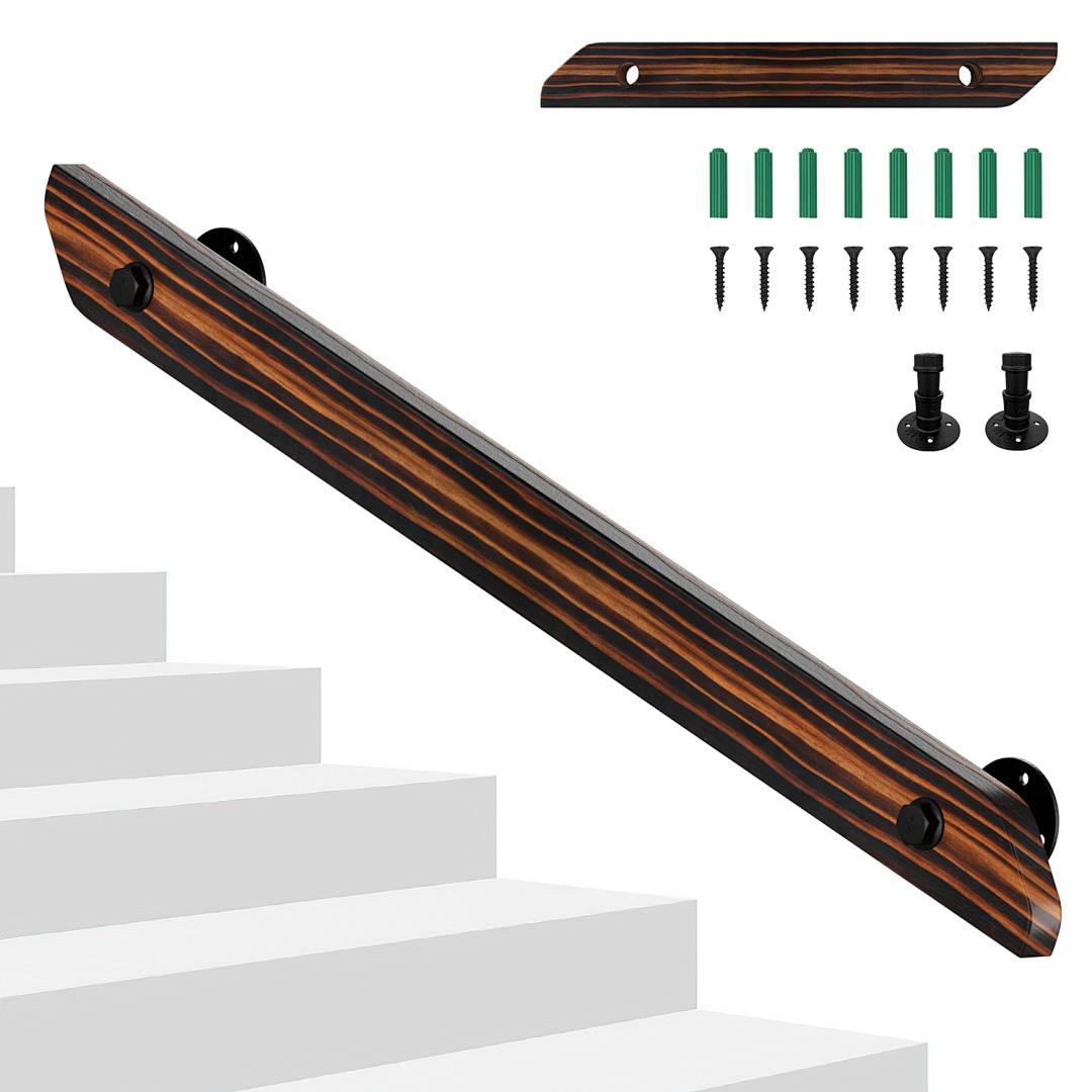 Handlauf aus Holz mit Geländer flach braun lackiert mit Stuetzen und Rohrverbindern fuer Treppen innen 150CM