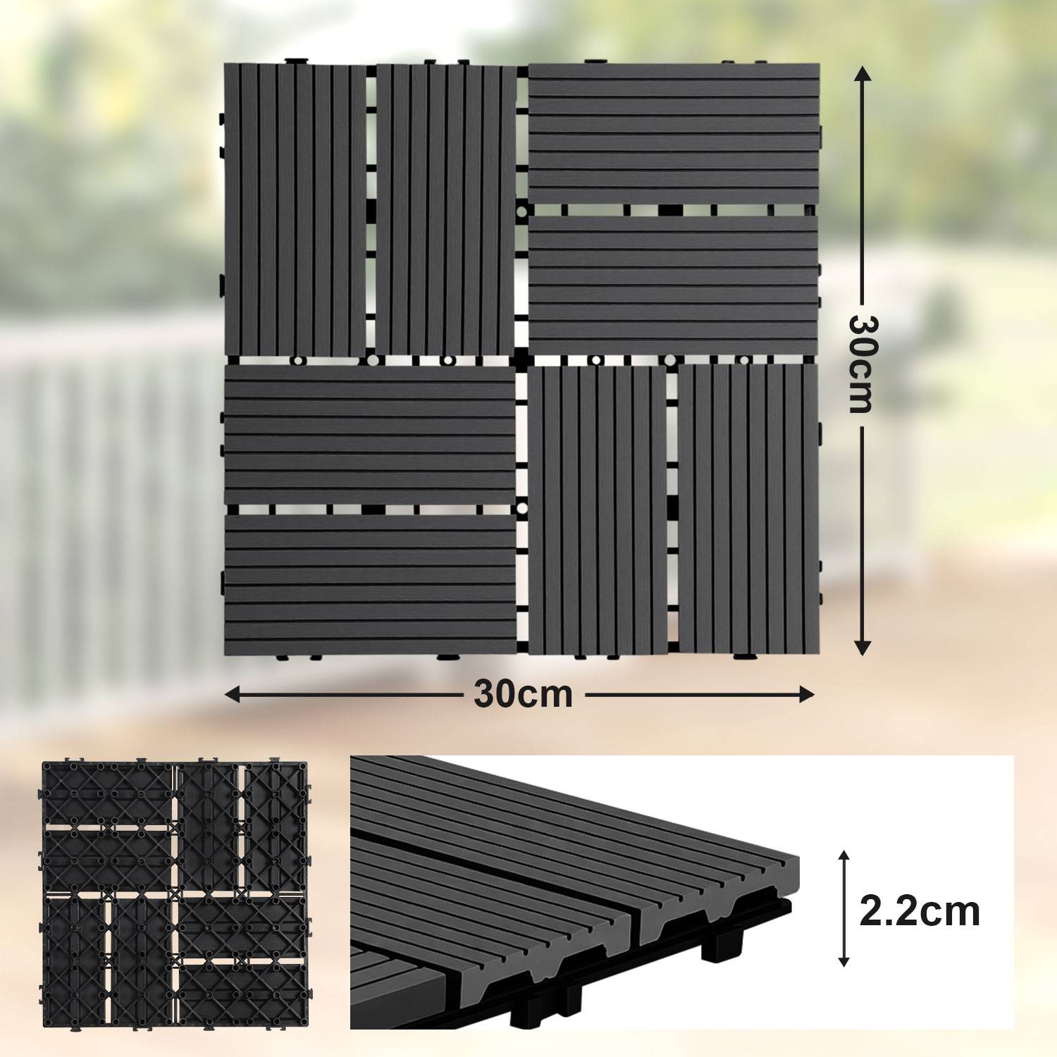 WPC Terrassenfliesen 9 m², 30 x 30 cm 99 Stücke, Terrassendielen mit 8 Latten in Holzoptik, für Garten Balkon Bodenbelag mit Drainage und Klicksyst