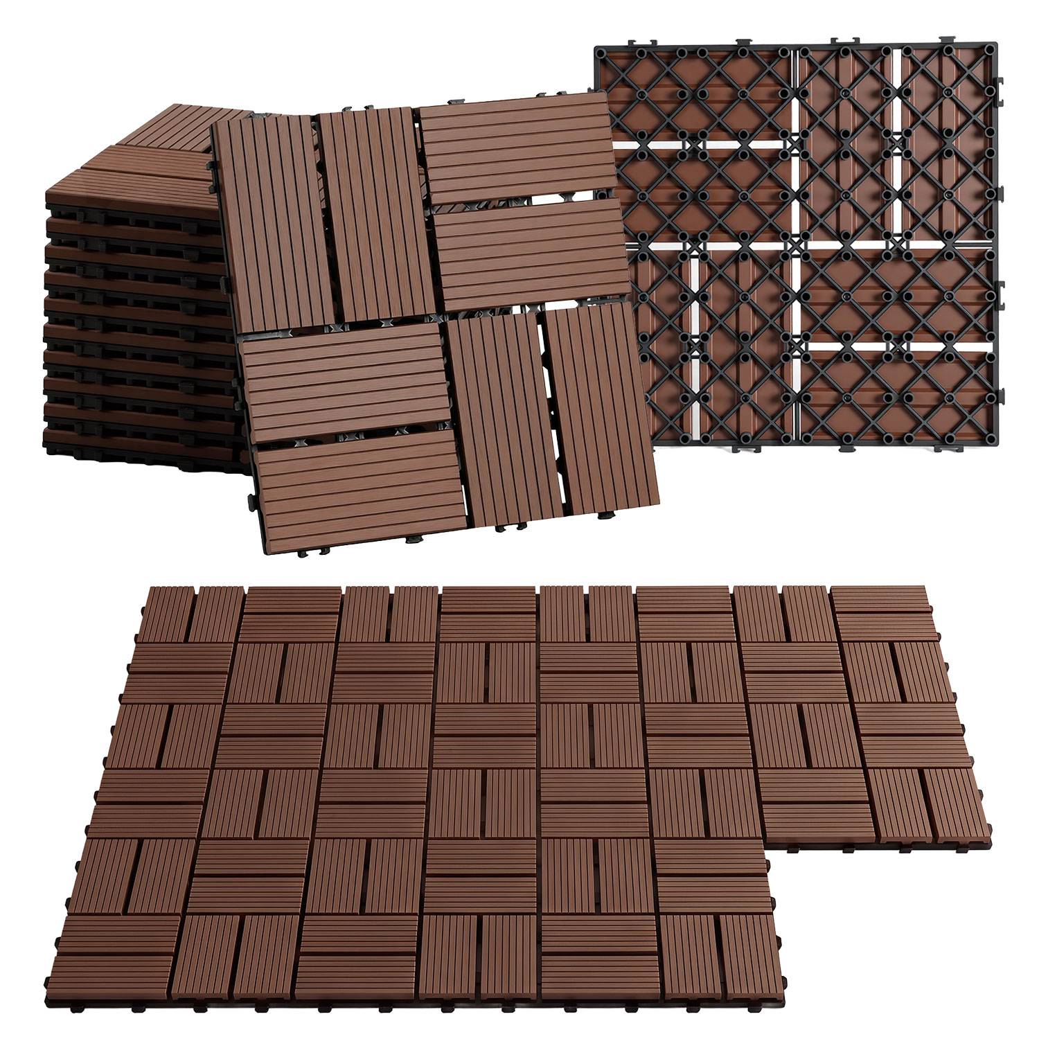 WPC Terrassenfliesen 8 m², 30 x 30 cm 88 Stücke, Terrassendielen mit 8 Latten in Holzoptik, für Garten Balkon Bodenbelag mit Drainage und Klicksyst
