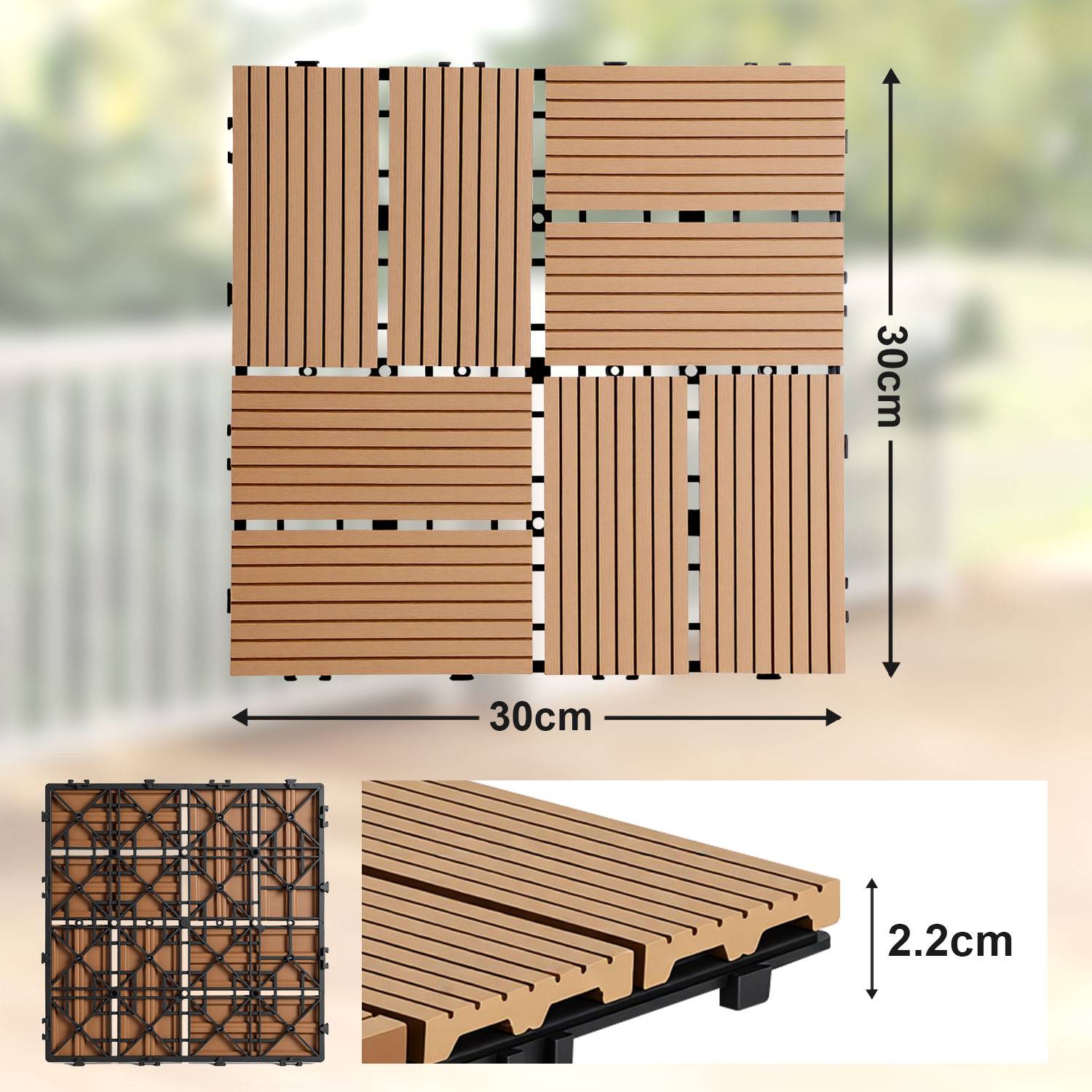 WPC Terrassenfliesen 5 m², 30 x 30 cm 55 Stücke, Terrassendielen mit 8 Latten in Holzoptik, für Garten Balkon Bodenbelag mit Drainage und Klicksyst