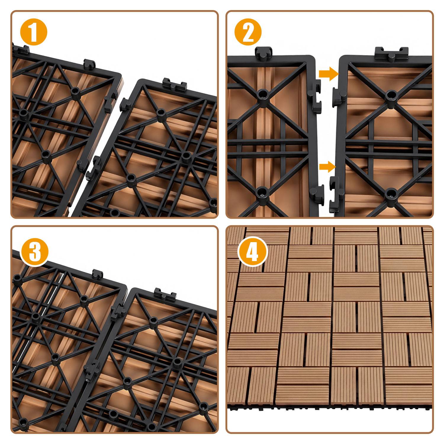 WPC Terrassenfliesen 4 m², 30 x 30 cm 44 Stücke, Terrassendielen mit 8 Latten in Holzoptik, für Garten Balkon Bodenbelag mit Drainage und Klicksyst