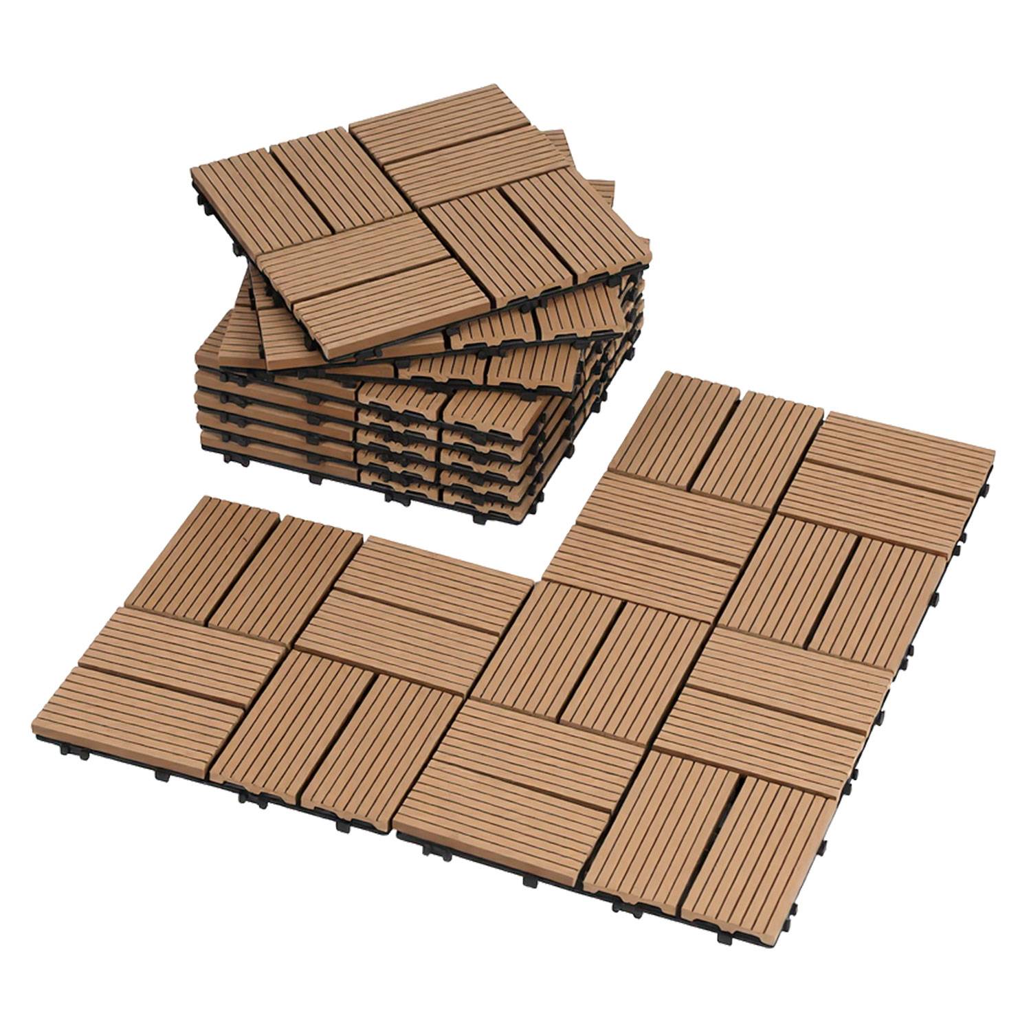WPC Terrassenfliesen 7 m², 30 x 30 cm 77 Stücke, Terrassendielen mit 8 Latten in Holzoptik, für Garten Balkon Bodenbelag mit Drainage und Klicksyst
