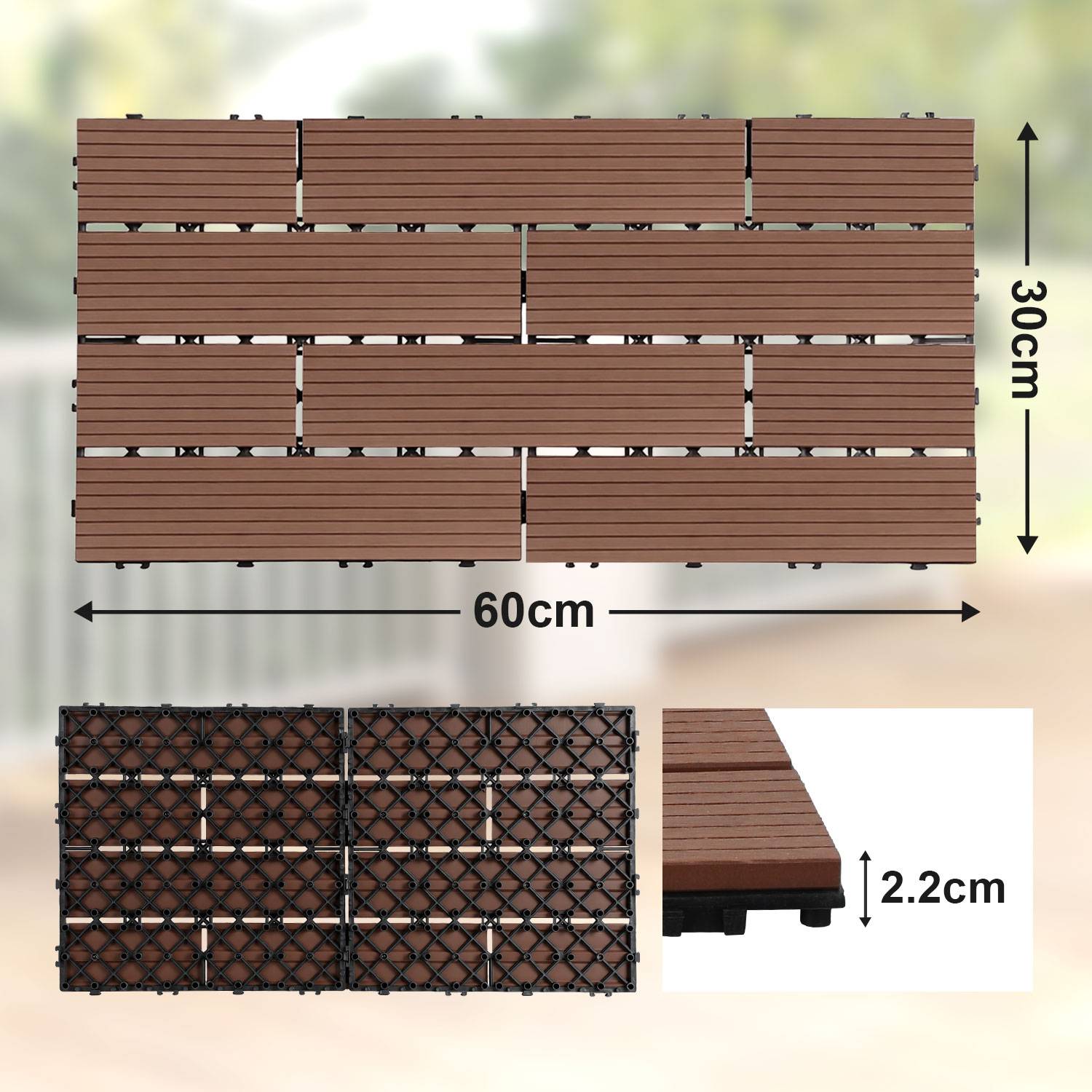 WPC Terrassenfliesen 10 m², 30 x 60 cm 60 Stücke, Terrassendielen mit 10 Latten in Holzoptik, für Garten Balkon Bodenbelag mit Drainage und Klicksy