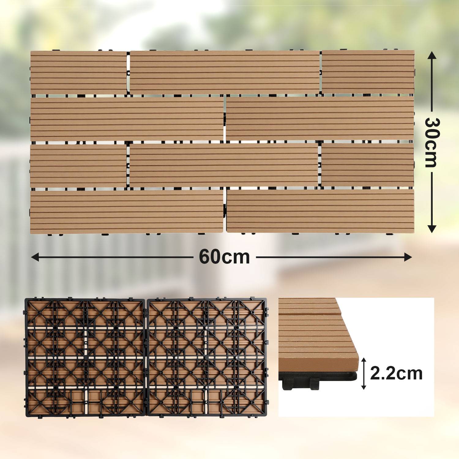 6 Stück Terrassenfliesen 30 x 60 cm mit Klicksystem, UV- und witterungsbeständig für Terrasse, Pool und Balkon Teak
