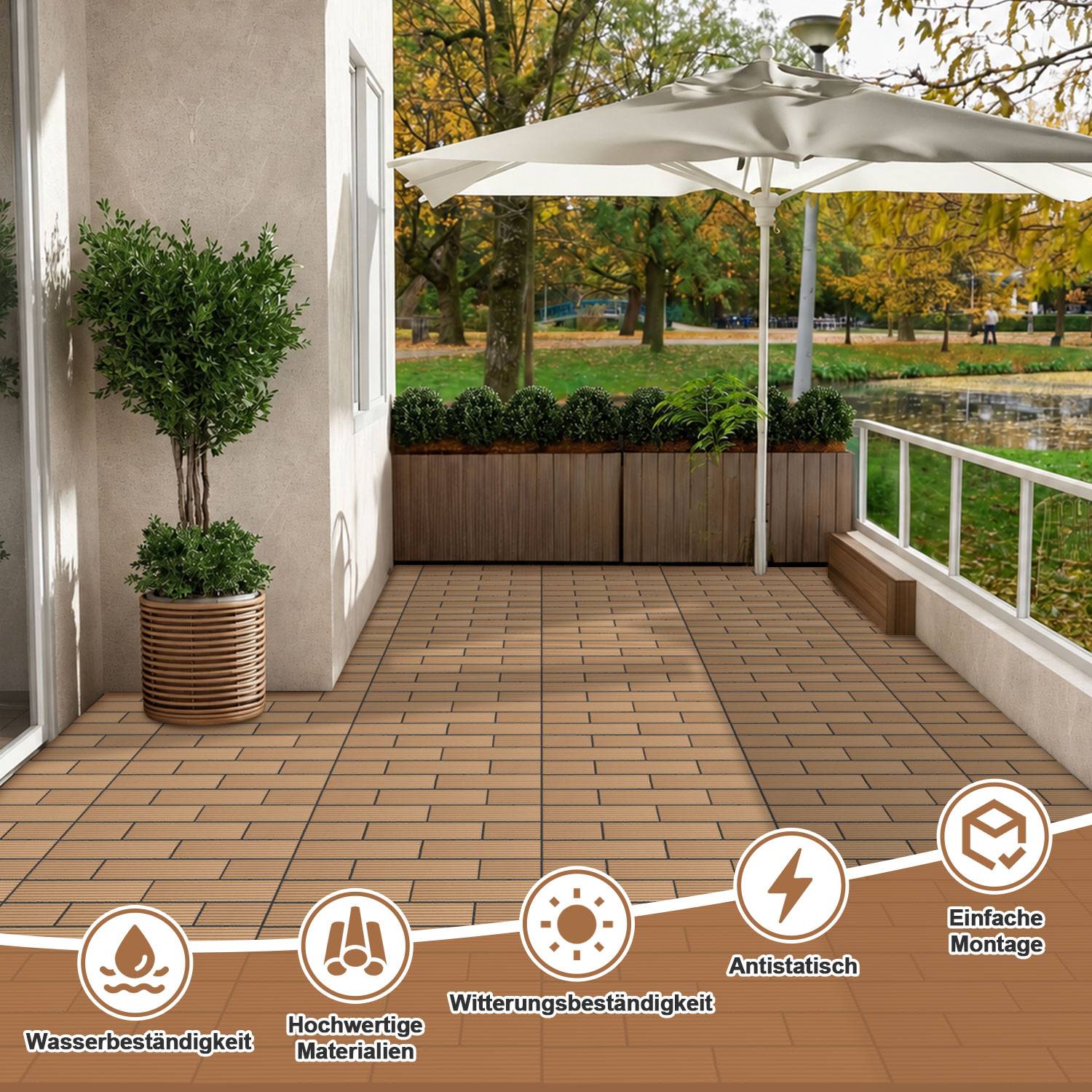 6 Stück Terrassenfliesen 30 x 60 cm mit Klicksystem, UV- und witterungsbeständig für Terrasse, Pool und Balkon Teak