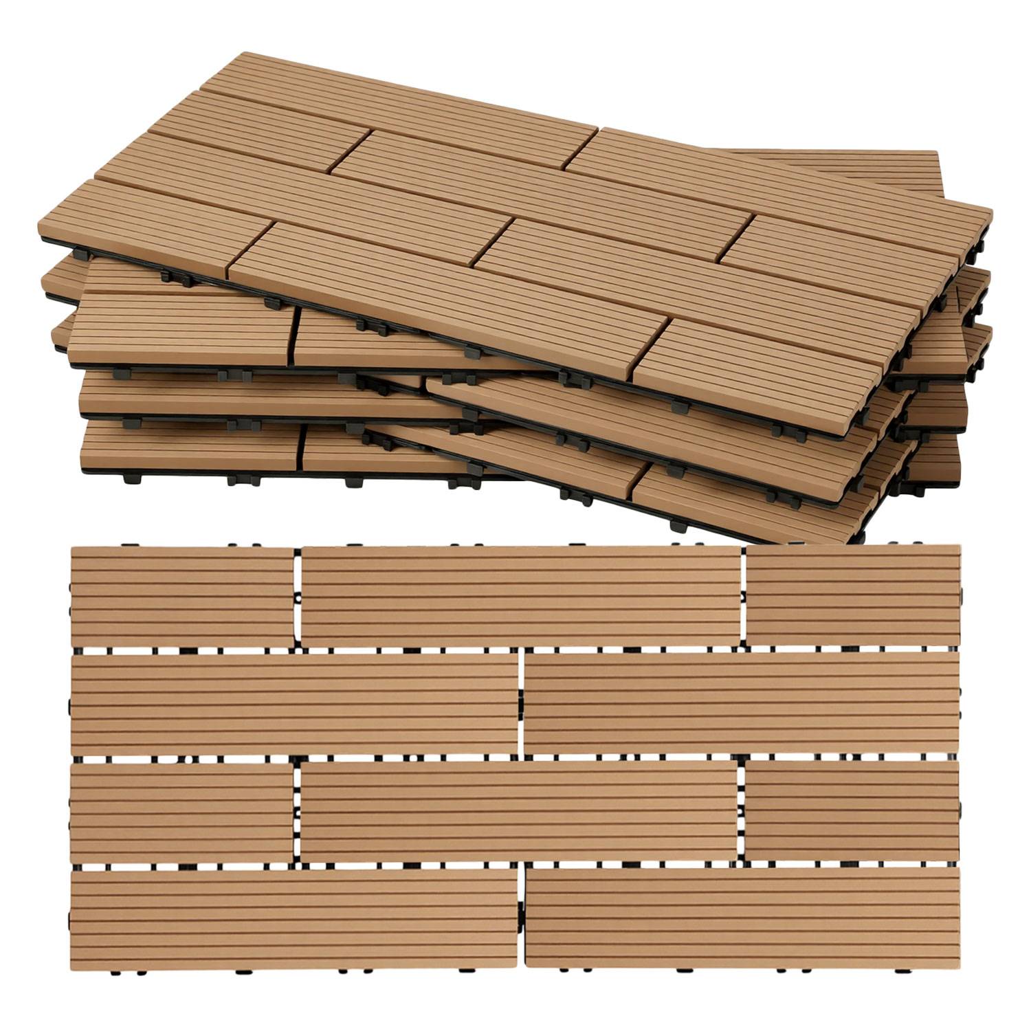 WPC Terrassenfliesen 6 m², 30 x 60 cm 36 Stücke, Terrassendielen mit 10 Latten in Holzoptik, für Garten Balkon Bodenbelag mit Drainage und Klicksys