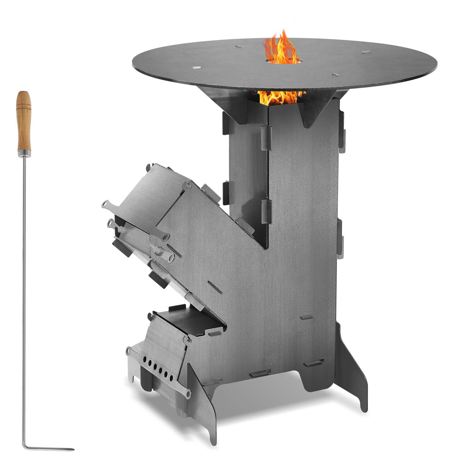 Raketenofen mit Grillplatte, Steckbarer Outdoor Grillofen aus Kohlenstoffstahl, Campingkocher mit Feuerhaken für Garten Camping Terrasse
