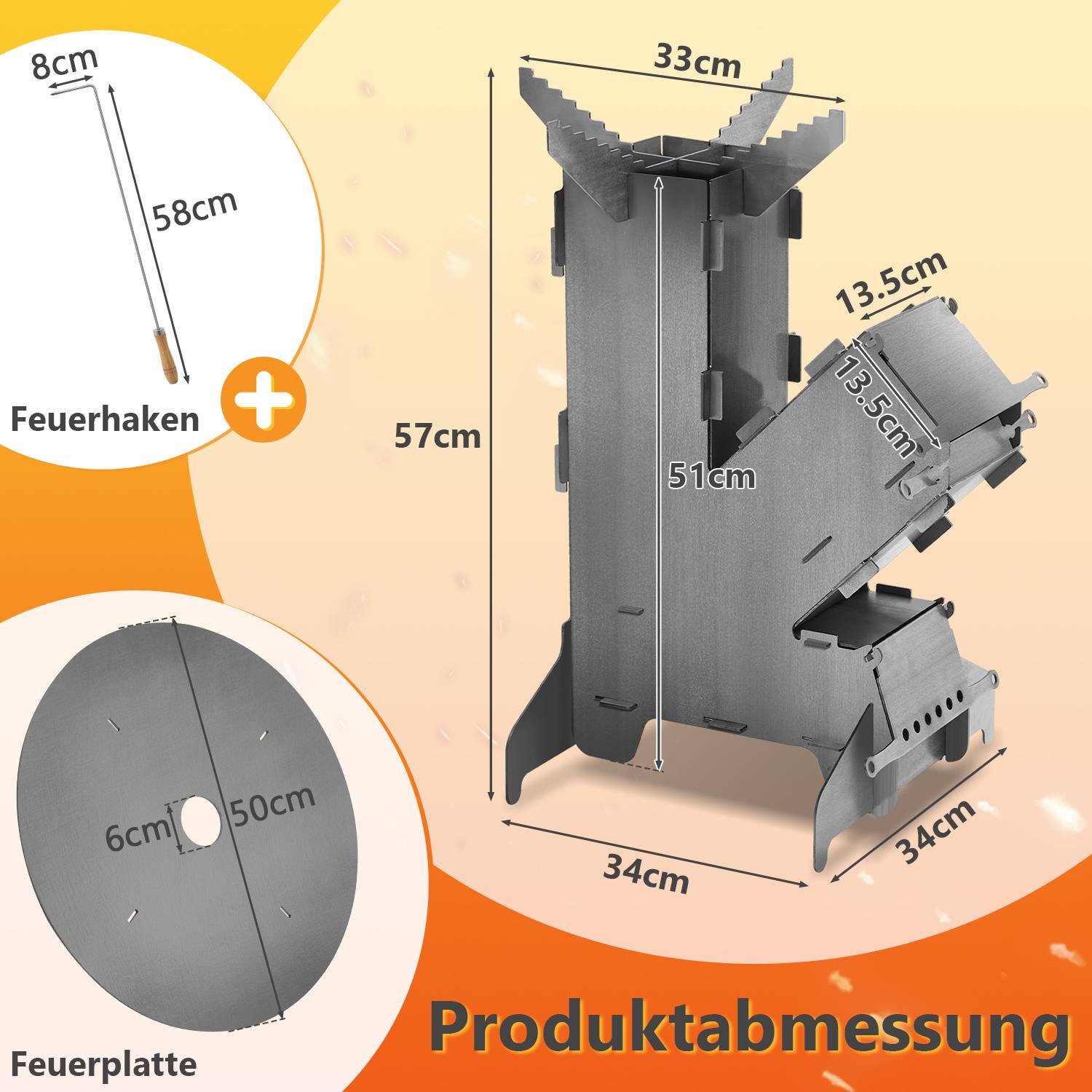 Raketenofen mit Grillplatte, Steckbarer Outdoor Grillofen aus Kohlenstoffstahl, Campingkocher mit Feuerhaken für Garten Camping Terrasse