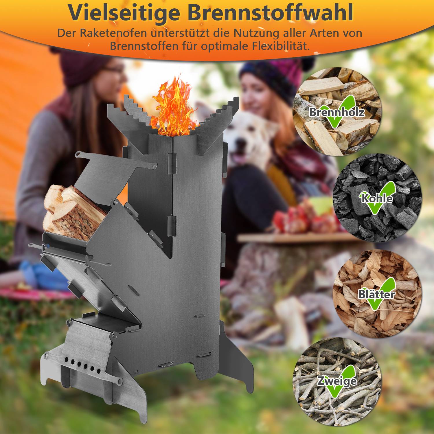 Raketenofen mit Grillplatte, Steckbarer Outdoor Grillofen aus Kohlenstoffstahl, Campingkocher mit Feuerhaken für Garten Camping Terrasse