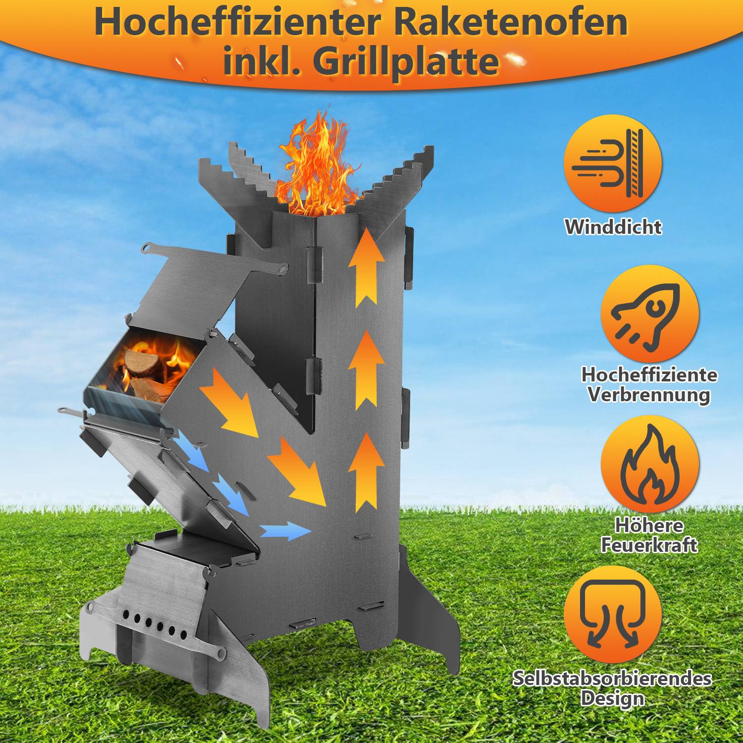 Raketenofen mit Grillplatte, Steckbarer Outdoor Grillofen aus Kohlenstoffstahl, Campingkocher mit Feuerhaken für Garten Camping Terrasse