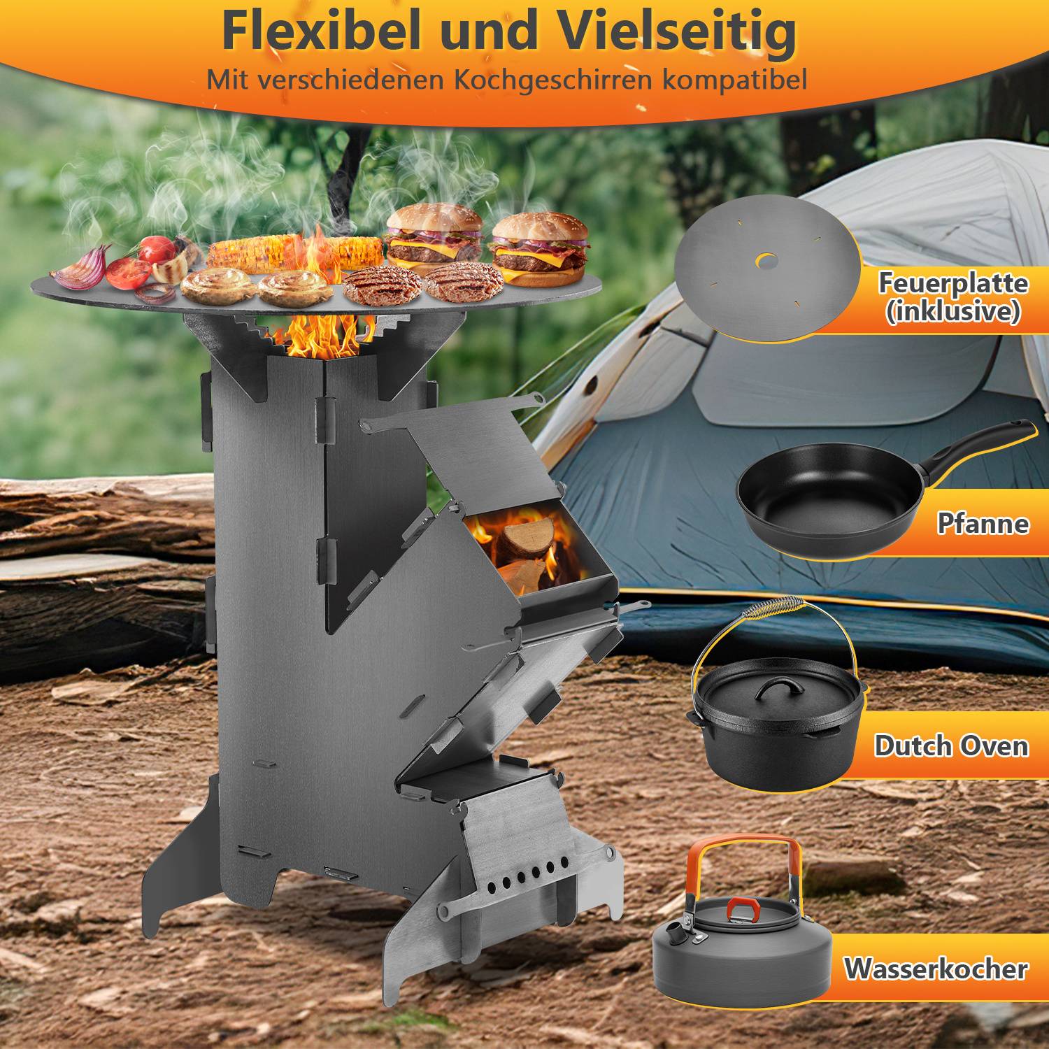 Raketenofen mit Grillplatte, Steckbarer Outdoor Grillofen aus Kohlenstoffstahl, Campingkocher mit Feuerhaken für Garten Camping Terrasse