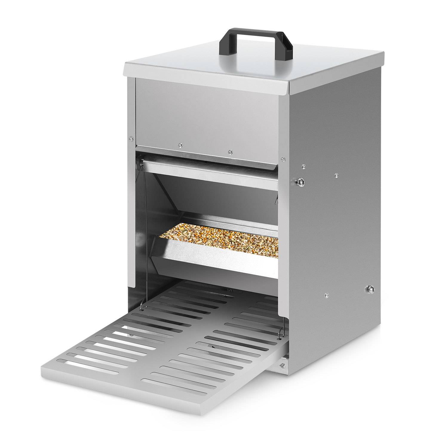 Futterautomat Hühner 5 kg aus verzinktem Stahl, stehender Geflügel Futterspender mit Trittklappe