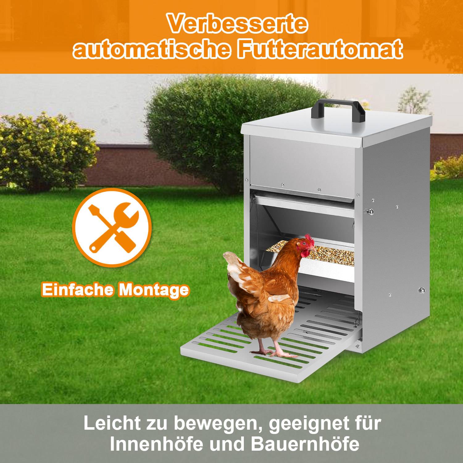 Futterautomat für Hühner 5 kg stehend, Geflügelfutterspender aus verzinktem Stahl mit Trittklappe