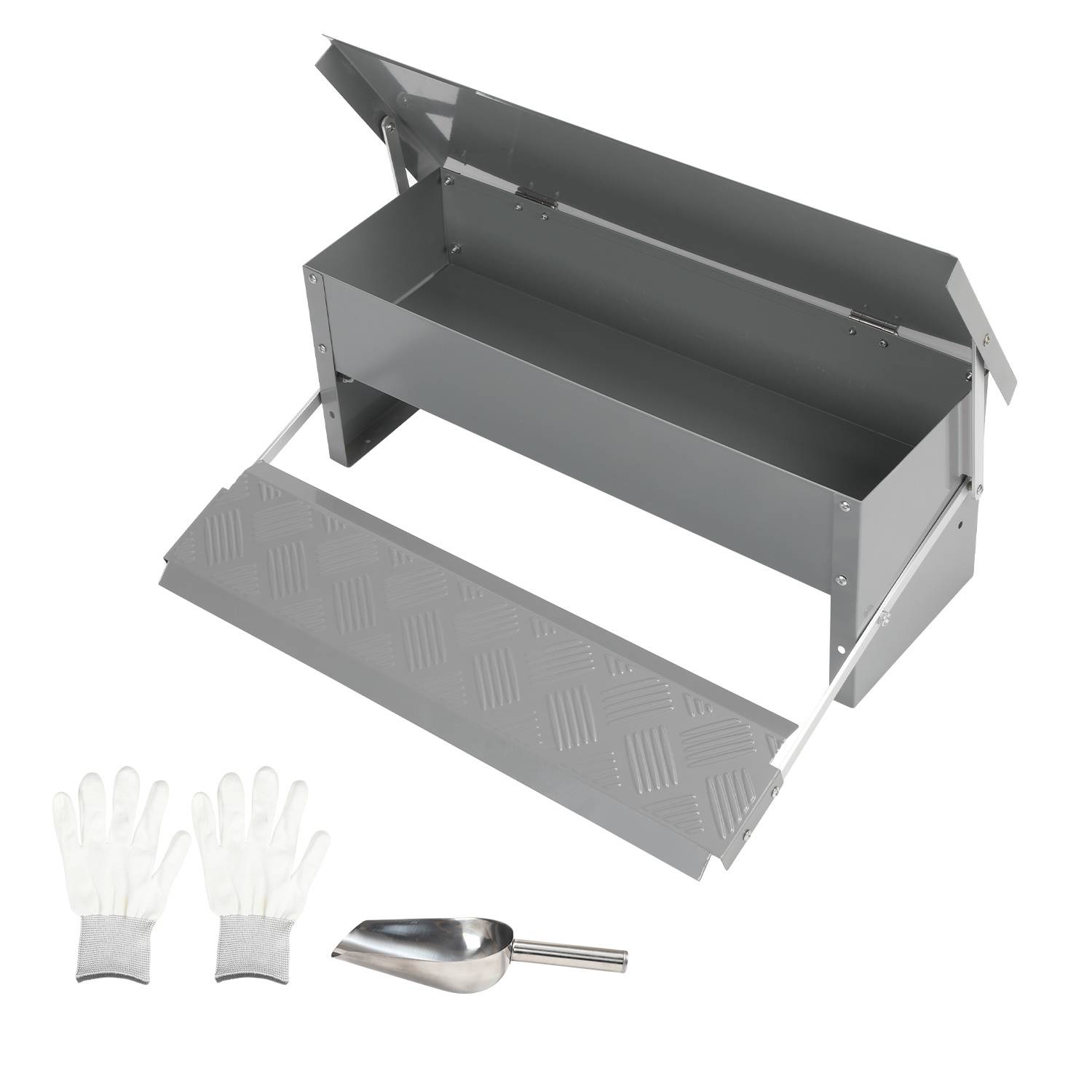 Futterautomat für Hühner 5 kg mit Pedal, Geflügelfutterautomat aus verzinktem Stahl inkl. Schaufel und Handschuhe