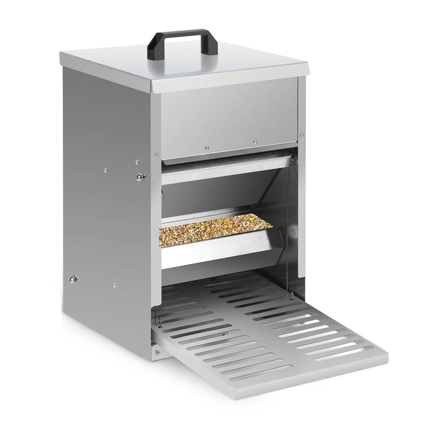 Futterautomat für Hühner 5 kg stehend, Geflügelfutterspender aus verzinktem Stahl mit Trittklappe