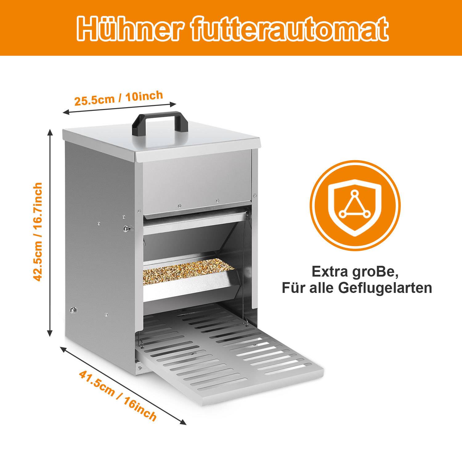 Futterautomat für Hühner 5 kg stehend, Geflügelfutterspender aus verzinktem Stahl mit Trittklappe