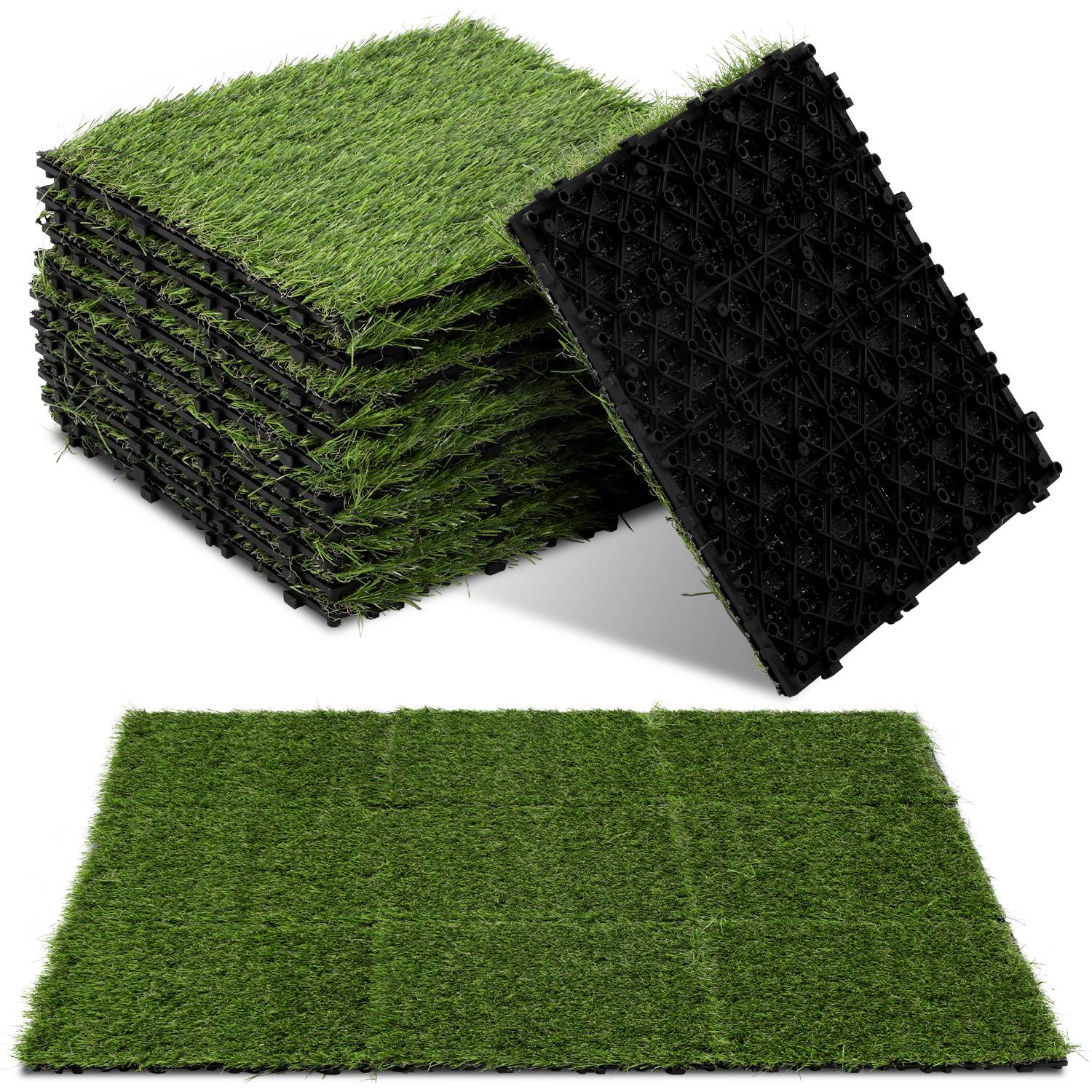 Kunstrasen Klickfliesen 30x30 cm 88 Stück (8 m²) – Terrassen- & Balkonfliesen mit Drainagesystem, realistisches Aussehen & einfache Montage für I