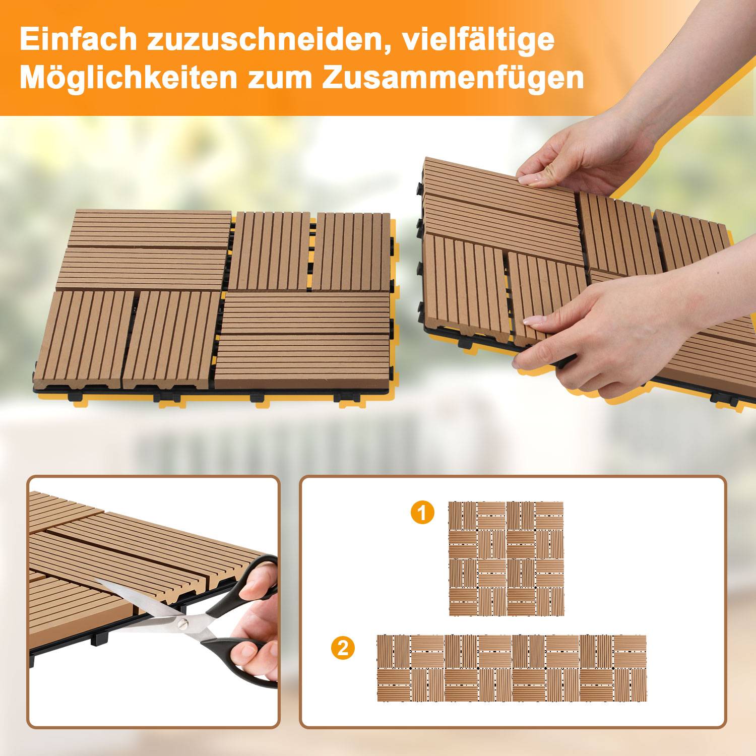 WPC Terrassenfliesen 8 m², 30 x 30 cm 88 Stücke, Terrassendielen mit 8 Latten in Holzoptik, für Garten Balkon Bodenbelag mit Drainage und Klicksyst